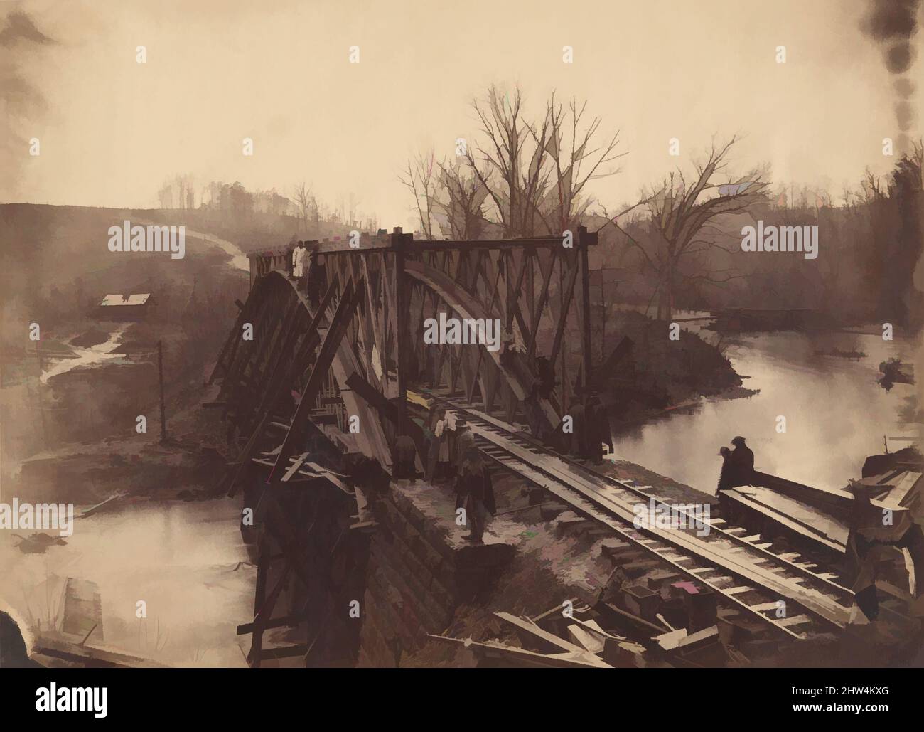 Art inspiré par une partie de Construction corps Building New Military Truss Bridge Across Bull Run, avril 1863, imprimé en papier salé de verre négatif, image : 15 x 20,6 cm (5 7/8 x 8 1/8 po), photographies, Egbert Guy Fowx (américain, né en 1821), en 1861, au début de la guerre civile, des œuvres classiques modernisées par Artotop avec une touche de modernité. Formes, couleur et valeur, impact visuel accrocheur sur l'art émotions par la liberté d'œuvres d'art d'une manière contemporaine. Un message intemporel qui cherche une nouvelle direction créative. Artistes qui se tournent vers le support numérique et créent le NFT Artotop Banque D'Images