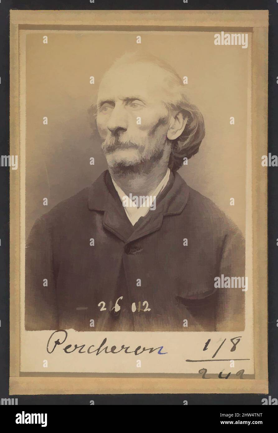 Art inspiré par Percheron. Auguste. 56 ans, né à Poitier (Nièvre). Écrivain public. Anarchiste. 21/3/94., 1894, impression argentée d'albumine de verre négatif, 10,5 x 7 x 0,5 cm (4 1/8 x 2 3/4 x 3/16 po) chacun, photographies, Alphonse Bertillon (français, 1853–1914), née dans une œuvre classique distinguée modernisée par Artotop avec une touche de modernité. Formes, couleur et valeur, impact visuel accrocheur sur l'art émotions par la liberté d'œuvres d'art d'une manière contemporaine. Un message intemporel qui cherche une nouvelle direction créative. Artistes qui se tournent vers le support numérique et créent le NFT Artotop Banque D'Images