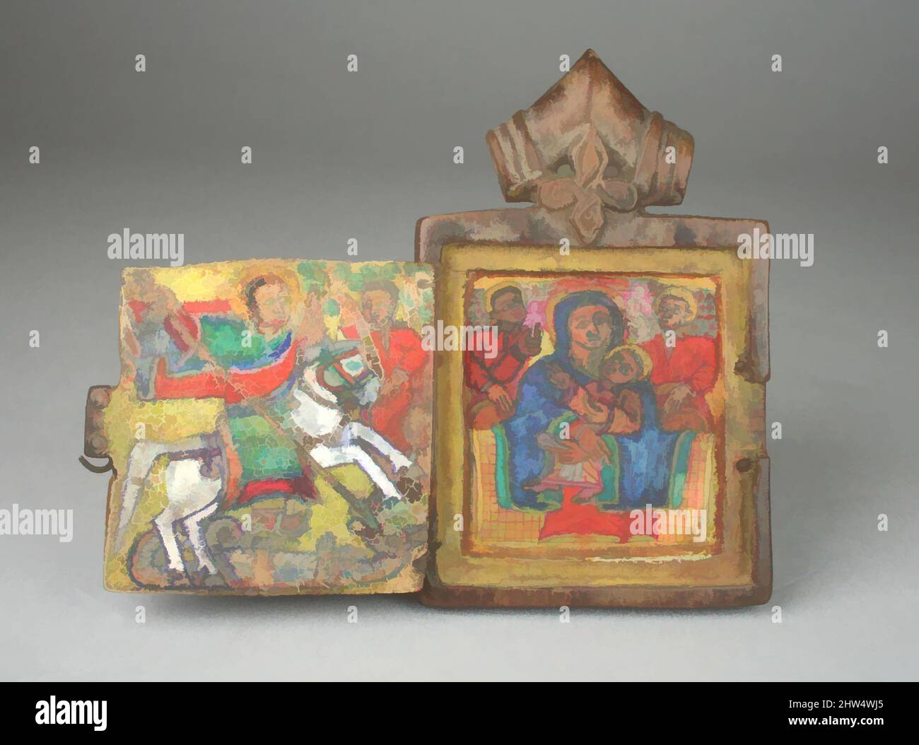 Art inspiré par l'icône de pendentif: St. George, vierge et enfant Enthroned, 18th siècle, Ethiopie, Ethiopien, Bois, Pigment, charnière en métal, H. 4 3/4 x W. 3 1/8in. (12,1 x 7,9cm), les peintures en bois, la balance intime de cette suspension et son panneau extérieur protecteur lui ont permis d’être utilisé comme une œuvre classique portable modernisée par Artotop avec une touche de modernité. Formes, couleur et valeur, impact visuel accrocheur sur l'art émotions par la liberté d'œuvres d'art d'une manière contemporaine. Un message intemporel qui cherche une nouvelle direction créative. Artistes qui se tournent vers le support numérique et créent le NFT Artotop Banque D'Images