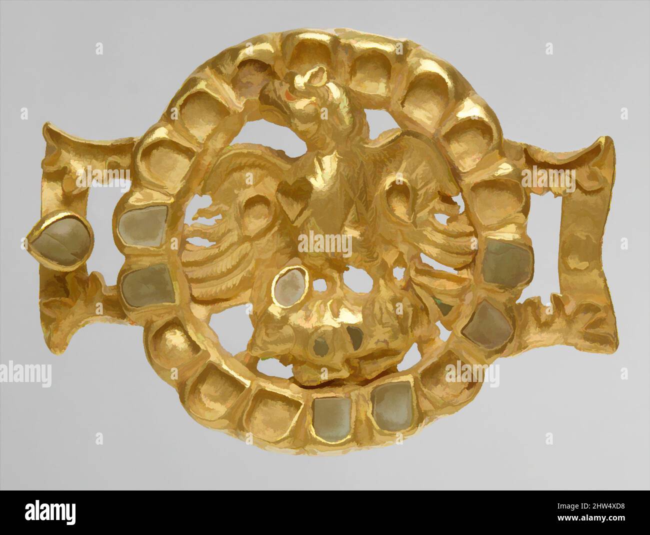 Art inspiré par le fermoir avec un aigle et sa proie, Parthian, ca. A.D. 1st–2nd Century, Iran, Parthian, Or, incrustation turquoise, H. 6 cm, W. 8,4 cm, ornements en métal, cet ornement doré massif se présente sous la forme d'une cocarde avec deux éléments de projection qui ont des fentes pour la fixation de, œuvres classiques modernisées par Artotop avec une touche de modernité. Formes, couleur et valeur, impact visuel accrocheur sur l'art émotions par la liberté d'œuvres d'art d'une manière contemporaine. Un message intemporel qui cherche une nouvelle direction créative. Artistes qui se tournent vers le support numérique et créent le NFT Artotop Banque D'Images