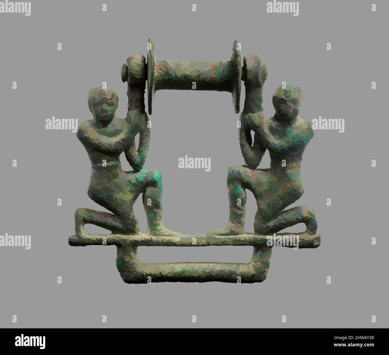 Art inspiré par plaque avec deux figures mâles soutenant un rouleau, Old Babylonian, ca. 2000–1600 C.-B., Mésopotamie, Babylonien, bronze, 4 x 4 1/8 po. (10,2 x 10,5 cm), reliefs de la métallurgie, dans ce bronze ajouré, deux figures mâles à genoux saisissent les bornes d'un rouleau (composé de deux, oeuvres classiques modernisées par Artotop avec un peu de modernité. Formes, couleur et valeur, impact visuel accrocheur sur l'art émotions par la liberté d'œuvres d'art d'une manière contemporaine. Un message intemporel qui cherche une nouvelle direction créative. Artistes qui se tournent vers le support numérique et créent le NFT Artotop Banque D'Images