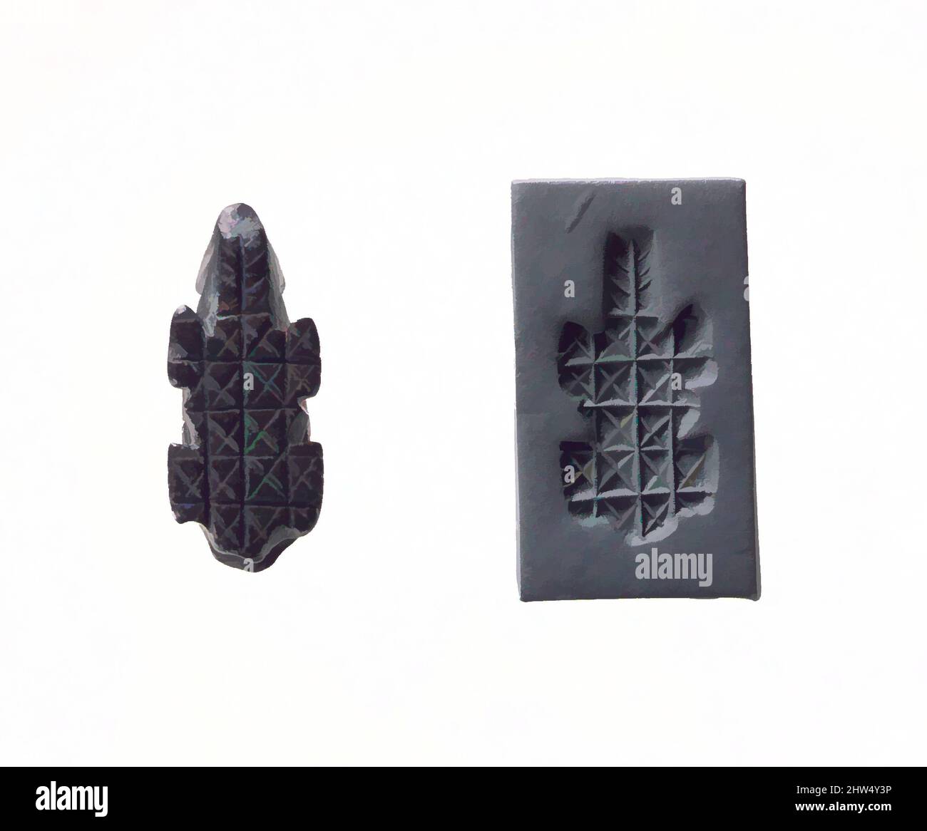 Art inspiré par cachet et impression moderne: Motif géométrique, halaf, ca. 5600–5000 C.-B., Mésopotamie du Nord ou Syrie, halaf, stéatite ou chlorite, 0,55 x 0,43 x 1,02 po. (1,4 x 1,09 x 2,59 cm), Sceaux en pierre, pendentifs mésopotamiens de la période halaf sont généralement des œuvres classiques modernisées par Artotop avec un peu de modernité. Formes, couleur et valeur, impact visuel accrocheur sur l'art émotions par la liberté d'œuvres d'art d'une manière contemporaine. Un message intemporel qui cherche une nouvelle direction créative. Artistes qui se tournent vers le support numérique et créent le NFT Artotop Banque D'Images