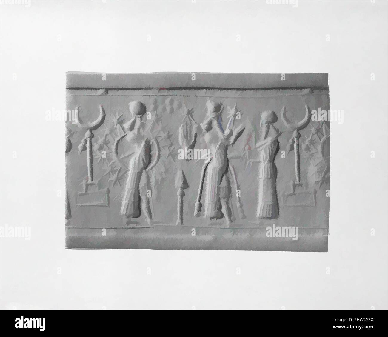 Art inspiré par Cylinder Seal et impression moderne, Neo-Assyrien, ca. 9th–8th Century B.C., Mésopotamie, Assyrien, Pierre, beige brun, 1,36 po (3,45 cm), joints en cylindre de pierre, oeuvres classiques modernisées par Artotop avec un peu de modernité. Formes, couleur et valeur, impact visuel accrocheur sur l'art émotions par la liberté d'œuvres d'art d'une manière contemporaine. Un message intemporel qui cherche une nouvelle direction créative. Artistes qui se tournent vers le support numérique et créent le NFT Artotop Banque D'Images