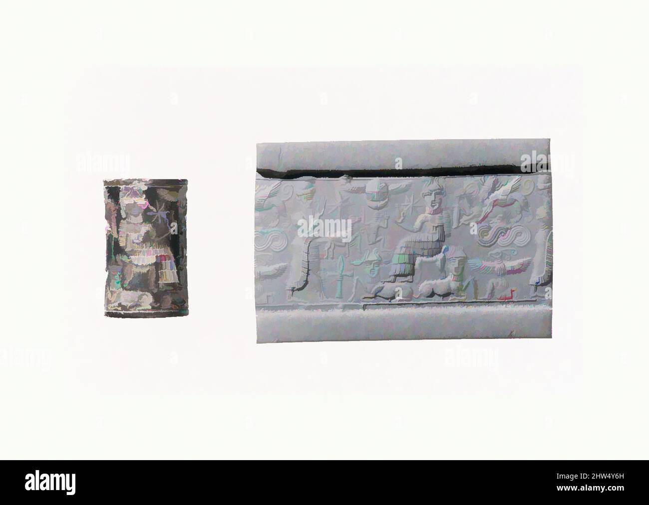 Art inspiré par Cylinder Seal et impression moderne: adorateur royal devant un dieu sur un trône; taureaux à tête humaine en dessous, ancien syrien, ca. 1820–1730 C.-B., Syrie, Hematite, H. 0,8 po. (2 cm), joints de cylindre de pierre, bien que des pierres gravées avaient été utilisées dès le septième millénaire B, les œuvres classiques modernisées par Artotop avec un peu de modernité. Formes, couleur et valeur, impact visuel accrocheur sur l'art émotions par la liberté d'œuvres d'art d'une manière contemporaine. Un message intemporel qui cherche une nouvelle direction créative. Artistes qui se tournent vers le support numérique et créent le NFT Artotop Banque D'Images