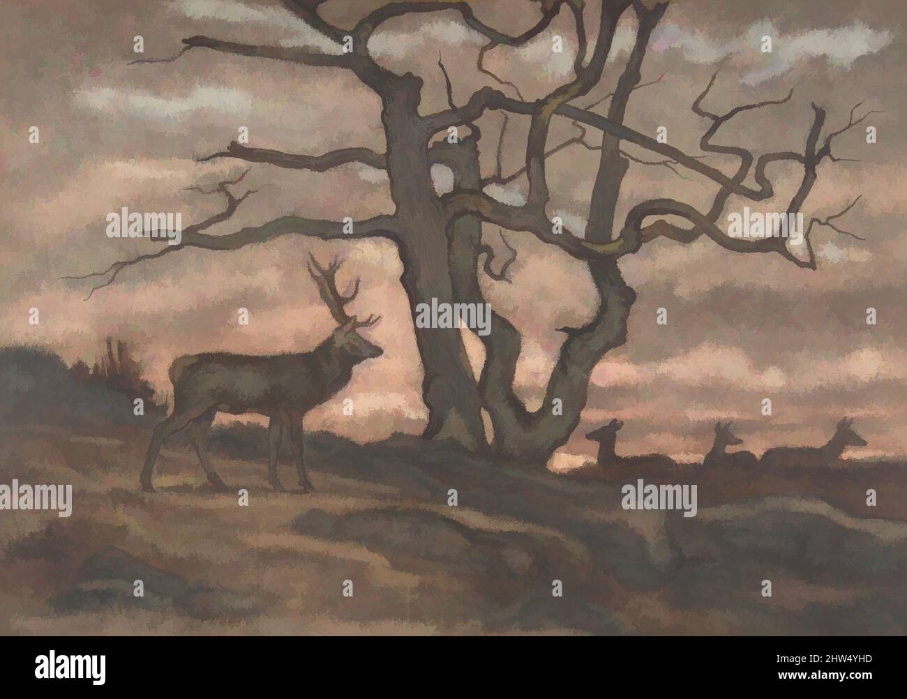 Art inspiré par le cerf et l'arbre contre le coucher du soleil, 1810–75, aquarelle sur papier vélin, 10 5/8 x 15 1/8 po (27 x 38,4cm), dessins, Antoine-Louis Braye (français, Paris 1796–1875 Paris, oeuvres classiques modernisées par Artotop avec une touche de modernité. Formes, couleur et valeur, impact visuel accrocheur sur l'art émotions par la liberté d'œuvres d'art d'une manière contemporaine. Un message intemporel qui cherche une nouvelle direction créative. Artistes qui se tournent vers le support numérique et créent le NFT Artotop Banque D'Images