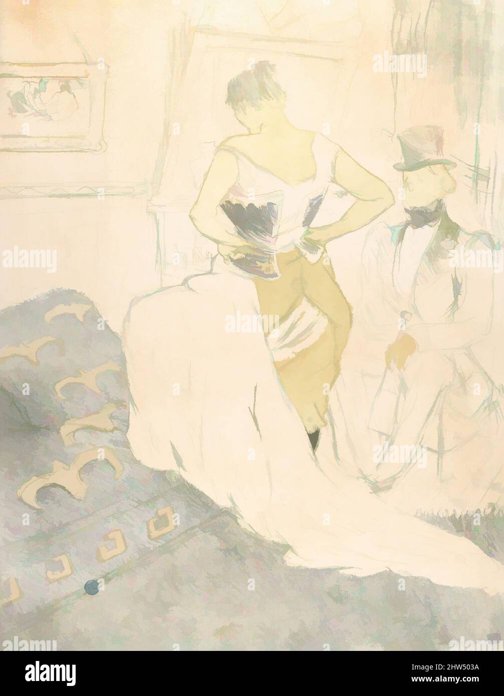 L'art s'inspire de la fixation d'un corset – Une conquête de passage, de la série Elles, 1896, lithographie crayon, pinceau et spatter avec grattoir imprimé en cinq couleurs sur papier vélin, feuille: 20 11/16 x 15 15/16 po. (52,5 x 40,5 cm), estampes, Henri de Toulouse-Lautrec (français, Albi 1864–1901 Saint, œuvres classiques modernisées par Artotop avec une touche de modernité. Formes, couleur et valeur, impact visuel accrocheur sur l'art émotions par la liberté d'œuvres d'art d'une manière contemporaine. Un message intemporel qui cherche une nouvelle direction créative. Artistes qui se tournent vers le support numérique et créent le NFT Artotop Banque D'Images