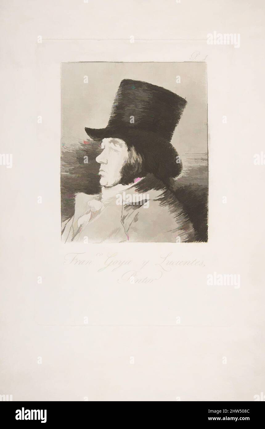 Art inspiré par la planche 1 de 'Los Caprichos' : autoportrait de Goya (Franco. Goya e Lucientes, Pintor), 1799, Etching, aquatint, Point sec, et burin, plaque : 8 9/16 × 5 7/8 po. (21,7 × 15 cm), Prints, Goya (Francisco de Goya y Lucientes) (Espagnol, Fuendetodos 1746–1828 Bordeaux, oeuvres classiques modernisées par Artotop avec une touche de modernité. Formes, couleur et valeur, impact visuel accrocheur sur l'art émotions par la liberté d'œuvres d'art d'une manière contemporaine. Un message intemporel qui cherche une nouvelle direction créative. Artistes qui se tournent vers le support numérique et créent le NFT Artotop Banque D'Images