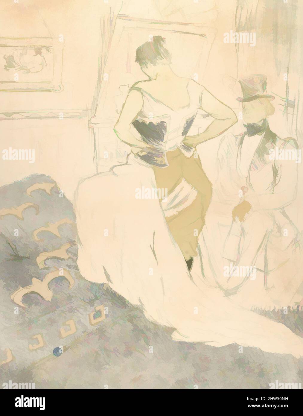 Art inspiré par la fixation d'un corset, 1896, lithographe imprimé en cinq couleurs sur papier vélin, 20-7/16 x 15-3/4 po. (51,9 x 40,0 cm), estampes, Henri de Toulouse-Lautrec (français, Albi 1864–1901 Saint-André-du-Bois, oeuvres classiques modernisées par Artotop avec une touche de modernité. Formes, couleur et valeur, impact visuel accrocheur sur l'art émotions par la liberté d'œuvres d'art d'une manière contemporaine. Un message intemporel qui cherche une nouvelle direction créative. Artistes qui se tournent vers le support numérique et créent le NFT Artotop Banque D'Images