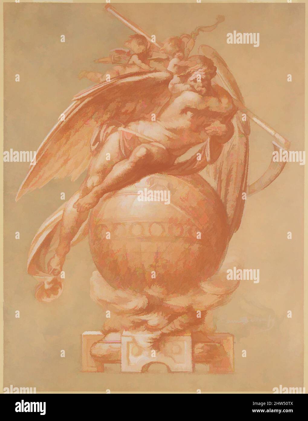 Art inspiré par le Père Time sur un globe ; Design for a Clock, 19th Century, craie rouge, rehaussé de craie blanche, touches de craie noire, 21 3/8 x 16 1/2 po. (54,3 x 41,9cm), dessins, Albert-Ernest Carrier-Belleuse (Français, Anizy-le-Château 1824–1887 Sèvres, oeuvres classiques modernisées par Artotop avec une touche de modernité. Formes, couleur et valeur, impact visuel accrocheur sur l'art émotions par la liberté d'œuvres d'art d'une manière contemporaine. Un message intemporel qui cherche une nouvelle direction créative. Artistes qui se tournent vers le support numérique et créent le NFT Artotop Banque D'Images