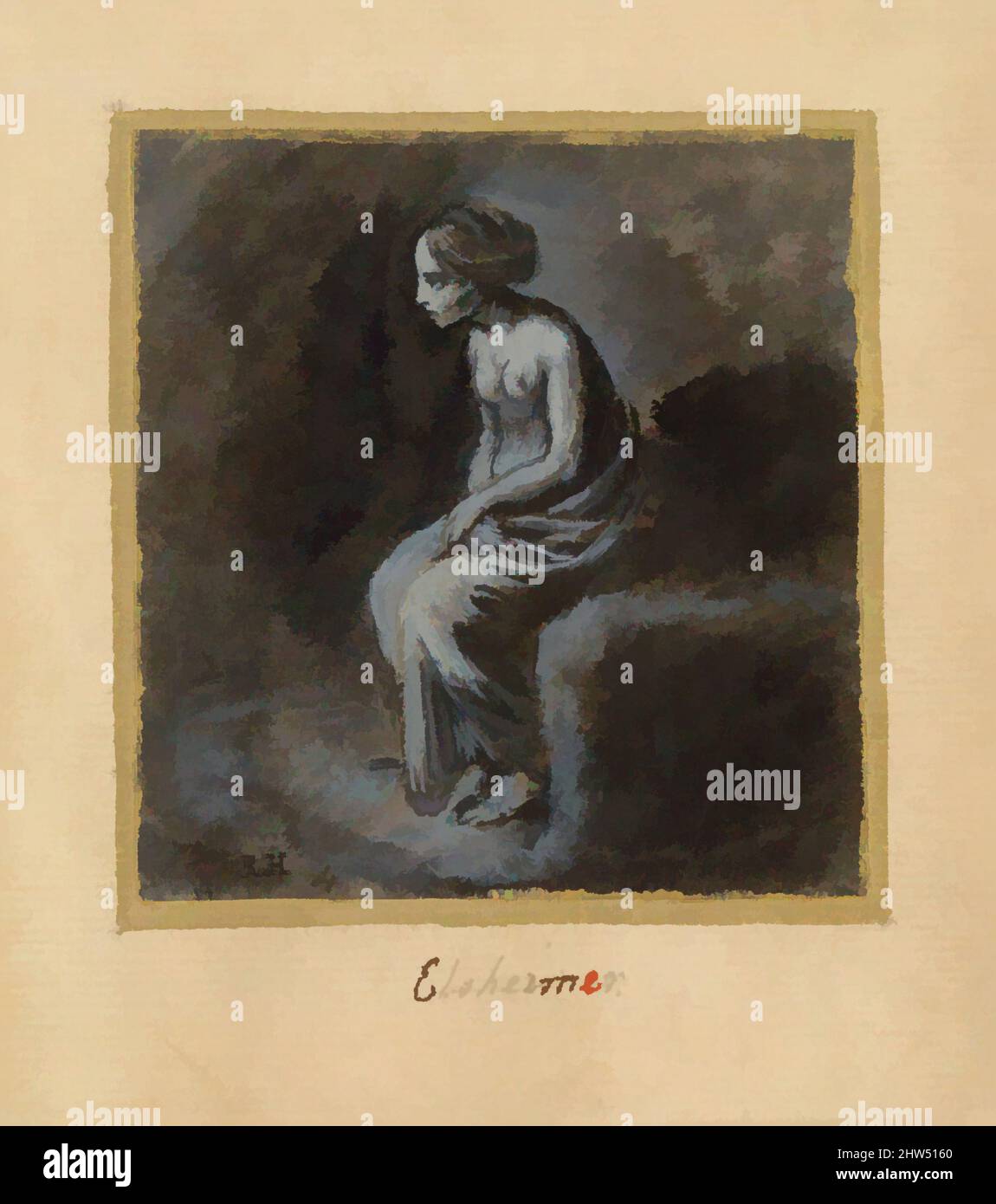 Art inspiré par la jeune femme assise, fin 16th–début 17th siècle, Gouache, 2 15/16 x 2 13/16 po. (7,5 x 7,2 cm), dessins, Adam Elsheimer (allemand, Francfort 1578–1610 Rome), assis seul dans une ombre profonde, cette jeune femme partiellement drapée pourrait être Bathsheba, que le roi David a espionné, Classic œuvres modernisées par Artotop avec un peu de modernité. Formes, couleur et valeur, impact visuel accrocheur sur l'art émotions par la liberté d'œuvres d'art d'une manière contemporaine. Un message intemporel qui cherche une nouvelle direction créative. Artistes qui se tournent vers le support numérique et créent le NFT Artotop Banque D'Images