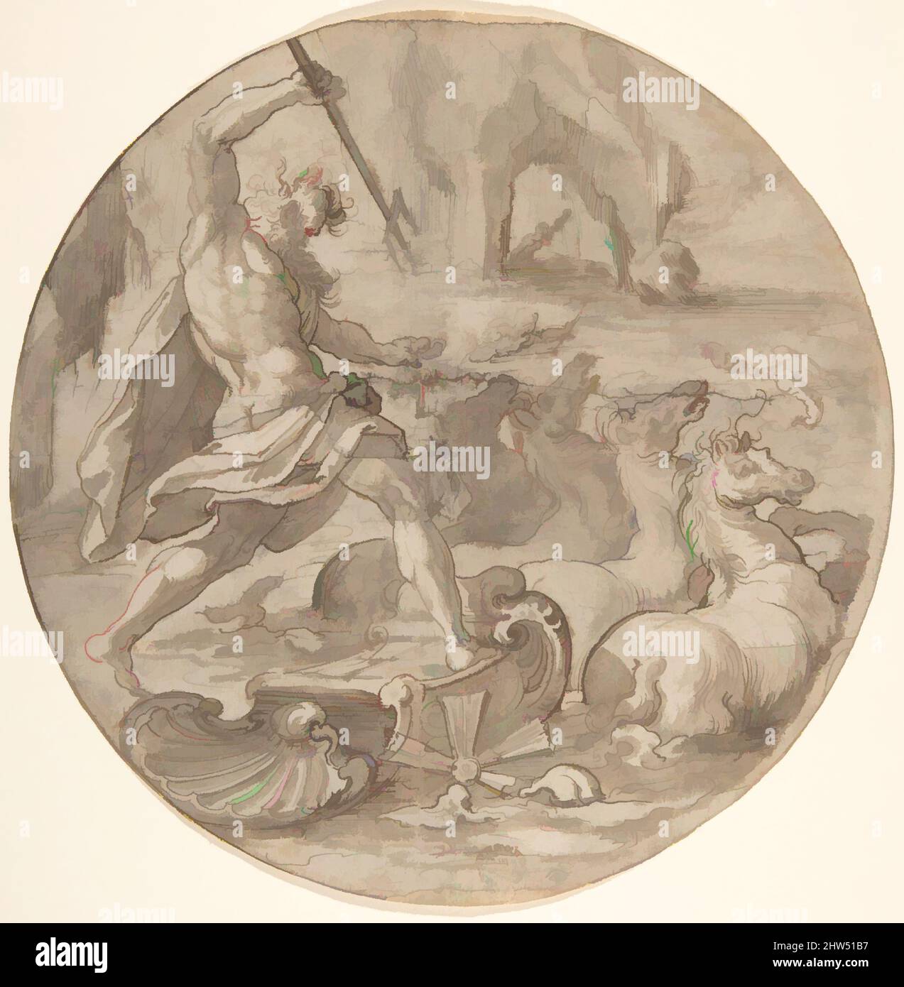 Art inspiré par Neptune dans son Chariot, fin 16th–milieu 17th siècle, encre de plume et brune, lavage brun, sur des traces de craie noire, diamètre 7-15/16 po. (20,2 cm), dessins, attribué à Pieter de Jode I (Netherlandish, Anvers 1570–Anvers 1634, oeuvres classiques modernisées par Artotop avec une touche de modernité. Formes, couleur et valeur, impact visuel accrocheur sur l'art émotions par la liberté d'œuvres d'art d'une manière contemporaine. Un message intemporel qui cherche une nouvelle direction créative. Artistes qui se tournent vers le support numérique et créent le NFT Artotop Banque D'Images