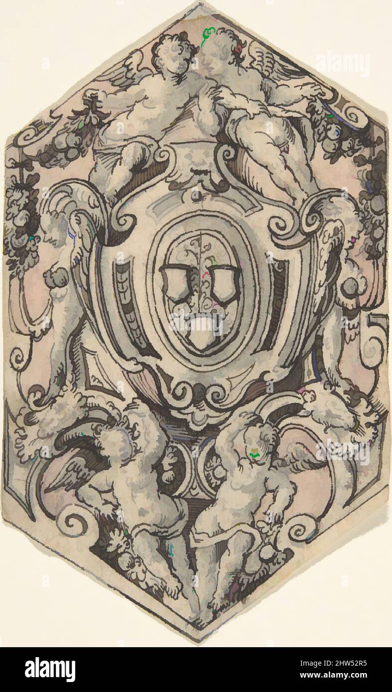 Art inspiré par Design for a Coat of Arms avec Putti Holding Garlands, 1550–84, stylo et encre noire, pinceau et gris et rose, 4 5/16 x 2 9/16 po. (11 x 6,5 cm) (hexagonal), Tobias Stimmer (Suisse, Schaffhausen 1539–1584 Strasbourg), armoiries en escucheon, entourées de quatre œuvres classiques modernisées par Artotop avec une touche de modernité. Formes, couleur et valeur, impact visuel accrocheur sur l'art émotions par la liberté d'œuvres d'art d'une manière contemporaine. Un message intemporel qui cherche une nouvelle direction créative. Artistes qui se tournent vers le support numérique et créent le NFT Artotop Banque D'Images