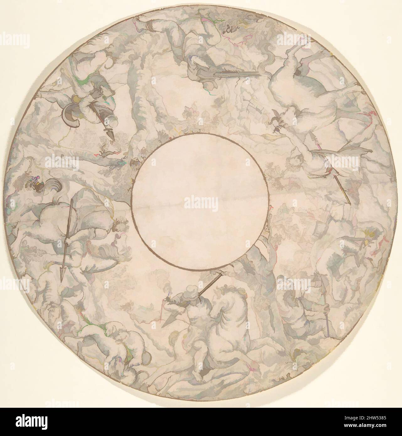 Art inspiré par la scène de chasse, 16th siècle, encre de plume et marron, brosse et lavage gris. Incisé, diamètre : 9 po (22,9 cm), dessins, Anonyme, Netherlandish, 16th siècle, Œuvres classiques modernisées par Artotop avec une touche de modernité. Formes, couleur et valeur, impact visuel accrocheur sur l'art émotions par la liberté d'œuvres d'art d'une manière contemporaine. Un message intemporel qui cherche une nouvelle direction créative. Artistes qui se tournent vers le support numérique et créent le NFT Artotop Banque D'Images