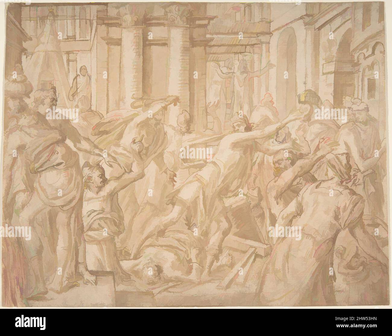 Art inspiré par le Christ qui conduit les changeurs d'argent du Temple, 1530–70, stylo et encre brune, pinceau et lavage brun, sur des traces de craie rouge et noire, touches de stylo et d'encre rouge, 6 3/16 x 7 27/32 po. (15,7 x 19,9 cm), dessins, attribué à Frans Floris I, attribué à, oeuvres classiques modernisées par Artotop avec une touche de modernité. Formes, couleur et valeur, impact visuel accrocheur sur l'art émotions par la liberté d'œuvres d'art d'une manière contemporaine. Un message intemporel qui cherche une nouvelle direction créative. Artistes qui se tournent vers le support numérique et créent le NFT Artotop Banque D'Images