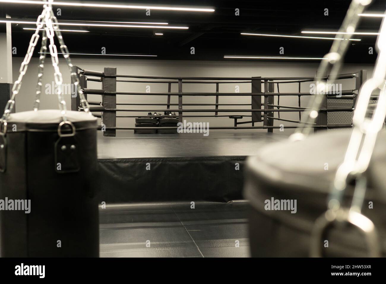 Exercice d'entraînement de boxe de poinçonnage de sac, dans l'après-midi fitness d'athlète de santé pour la force de sacs, hit club. Cercle circulaire foncé, Banque D'Images