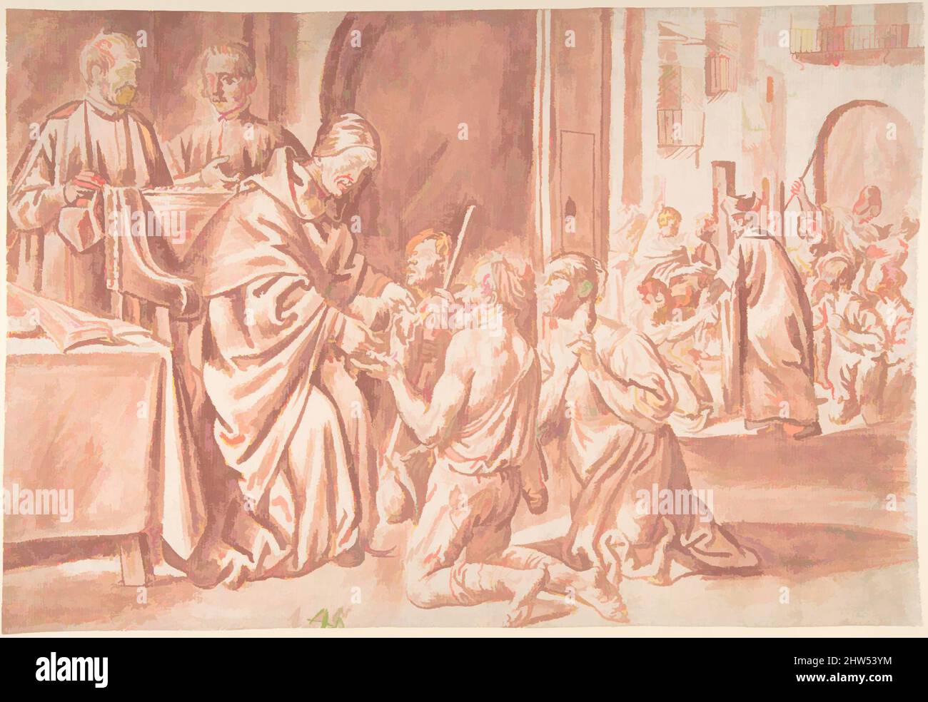 Art inspiré par Thomas de Villanova, archevêque de Valence distribuant des almes aux pauvres, 1580–1645, point de pinceau et de lavage rouge sur craie noire, 10-13/16 x 15-15/16 po. (27,5 x 40,5 cm), dessins, Pedro Orrente (espagnol, Murcie 1580–1645 Valence, oeuvres classiques modernisées par Artotop avec une touche de modernité. Formes, couleur et valeur, impact visuel accrocheur sur l'art émotions par la liberté d'œuvres d'art d'une manière contemporaine. Un message intemporel qui cherche une nouvelle direction créative. Artistes qui se tournent vers le support numérique et créent le NFT Artotop Banque D'Images