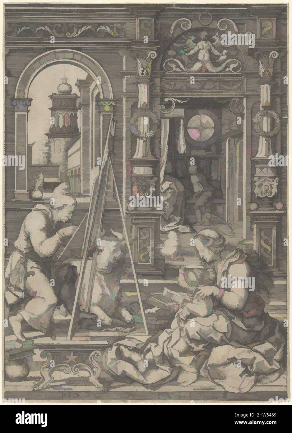 Art inspiré par Saint Luc peinture de la Vierge, 1526, gravure, feuille: 6 11/16 x 4 7/8 po. (17 x 12,4 cm), tirages, Dirck Vellert (pays-Bas, Amsterdam (?) env. 1480/85-ca. 1547), Vellert fit cette gravure de Saint Luc le 28 juillet 1526, l'année où il fut élu à son second mandat, oeuvres classiques modernisées par Artotop avec un peu de modernité. Formes, couleur et valeur, impact visuel accrocheur sur l'art émotions par la liberté d'œuvres d'art d'une manière contemporaine. Un message intemporel qui cherche une nouvelle direction créative. Artistes qui se tournent vers le support numérique et créent le NFT Artotop Banque D'Images