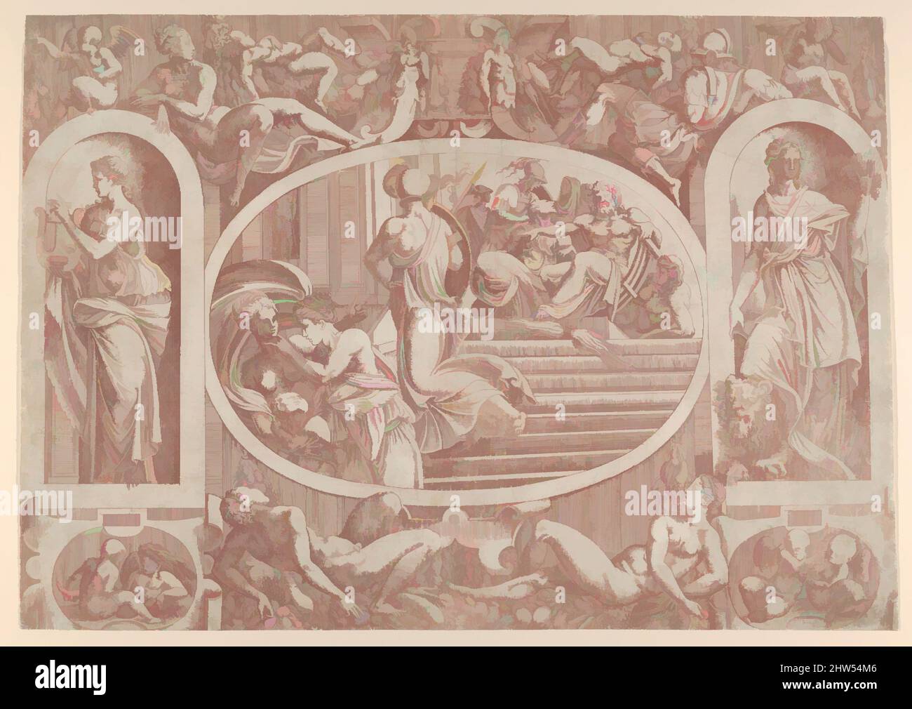 Art inspiré par Jupiter envoyant les trois Déesses au jugement de Paris, 1543, Etching; gravure en état II, 13 3/4 x 19 11/16 po. (35 x 50 cm), tirages, Antonio Fantuzzi (italien, active France, 1537–45), Après Francesco Primaticcio (italien, Bologne 1504/5–1570 Paris, les œuvres classiques modernisées par Artotop avec une touche de modernité. Formes, couleur et valeur, impact visuel accrocheur sur l'art émotions par la liberté d'œuvres d'art d'une manière contemporaine. Un message intemporel qui cherche une nouvelle direction créative. Artistes qui se tournent vers le support numérique et créent le NFT Artotop Banque D'Images