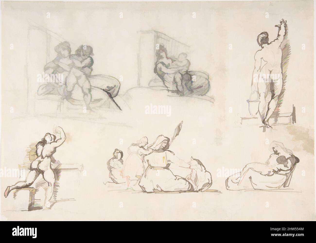 Art inspiré par six études de la figure, dont quatre pour la pauvre famille italienne, début du 19th siècle, craie noire; stylo et encre brune, 7 1/2 x 10 11/16 po. (19 x 27,1 cm), dessins, Théodore Gericault (français, Rouen 1791–1824 Paris, oeuvres classiques modernisées par Artotop avec une touche de modernité. Formes, couleur et valeur, impact visuel accrocheur sur l'art émotions par la liberté d'œuvres d'art d'une manière contemporaine. Un message intemporel qui cherche une nouvelle direction créative. Artistes qui se tournent vers le support numérique et créent le NFT Artotop Banque D'Images