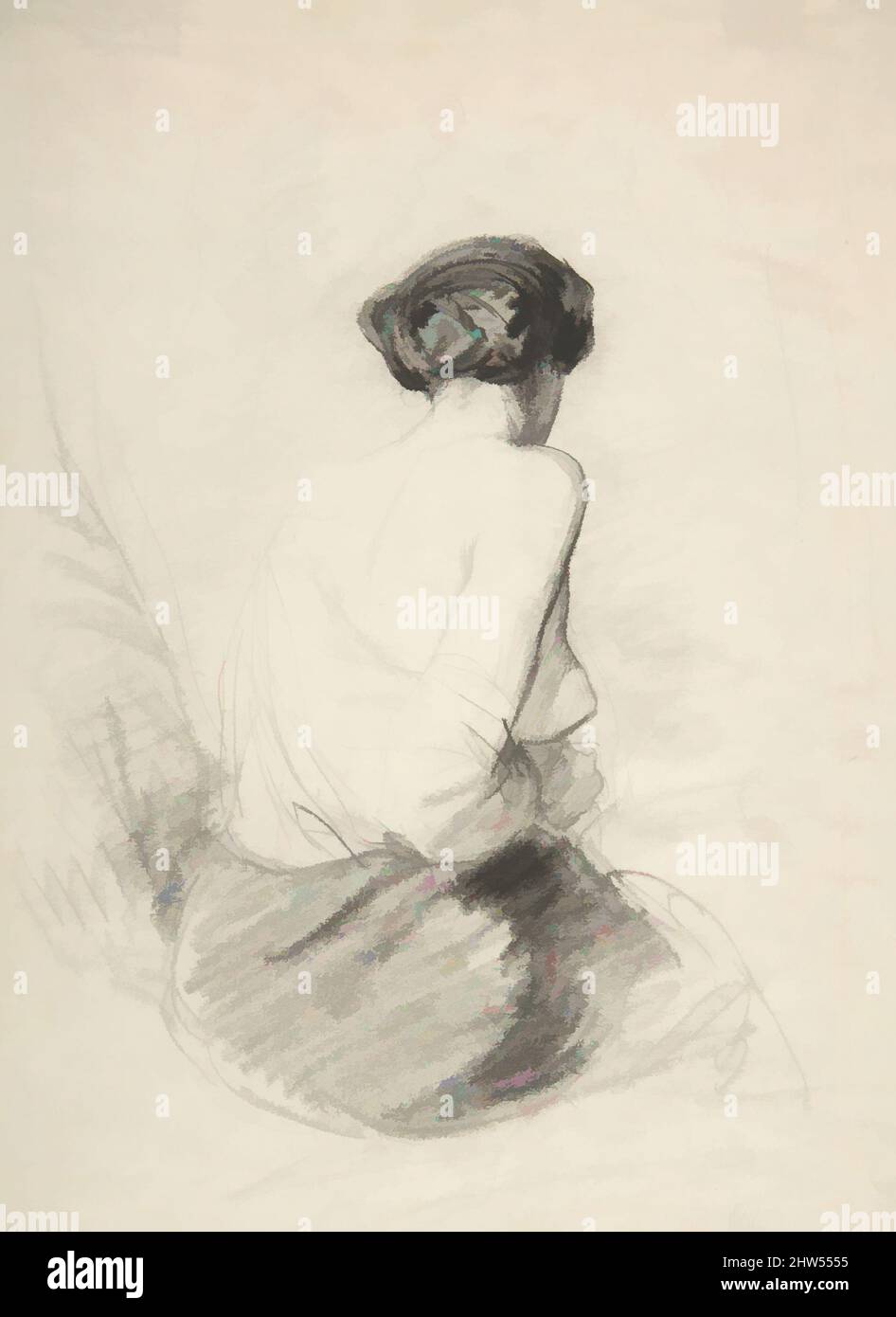 Art inspiré par une femme assise, vue du dos, 19th siècle, craie noire sur papier, 9 5/8 x 6 7/8 po. (24,4 x 17,5 cm), dessins, Paul Gavarni Chevalier (français, Paris 1804–1866 Paris, oeuvres classiques modernisées par Artotop avec une touche de modernité. Formes, couleur et valeur, impact visuel accrocheur sur l'art émotions par la liberté d'œuvres d'art d'une manière contemporaine. Un message intemporel qui cherche une nouvelle direction créative. Artistes qui se tournent vers le support numérique et créent le NFT Artotop Banque D'Images