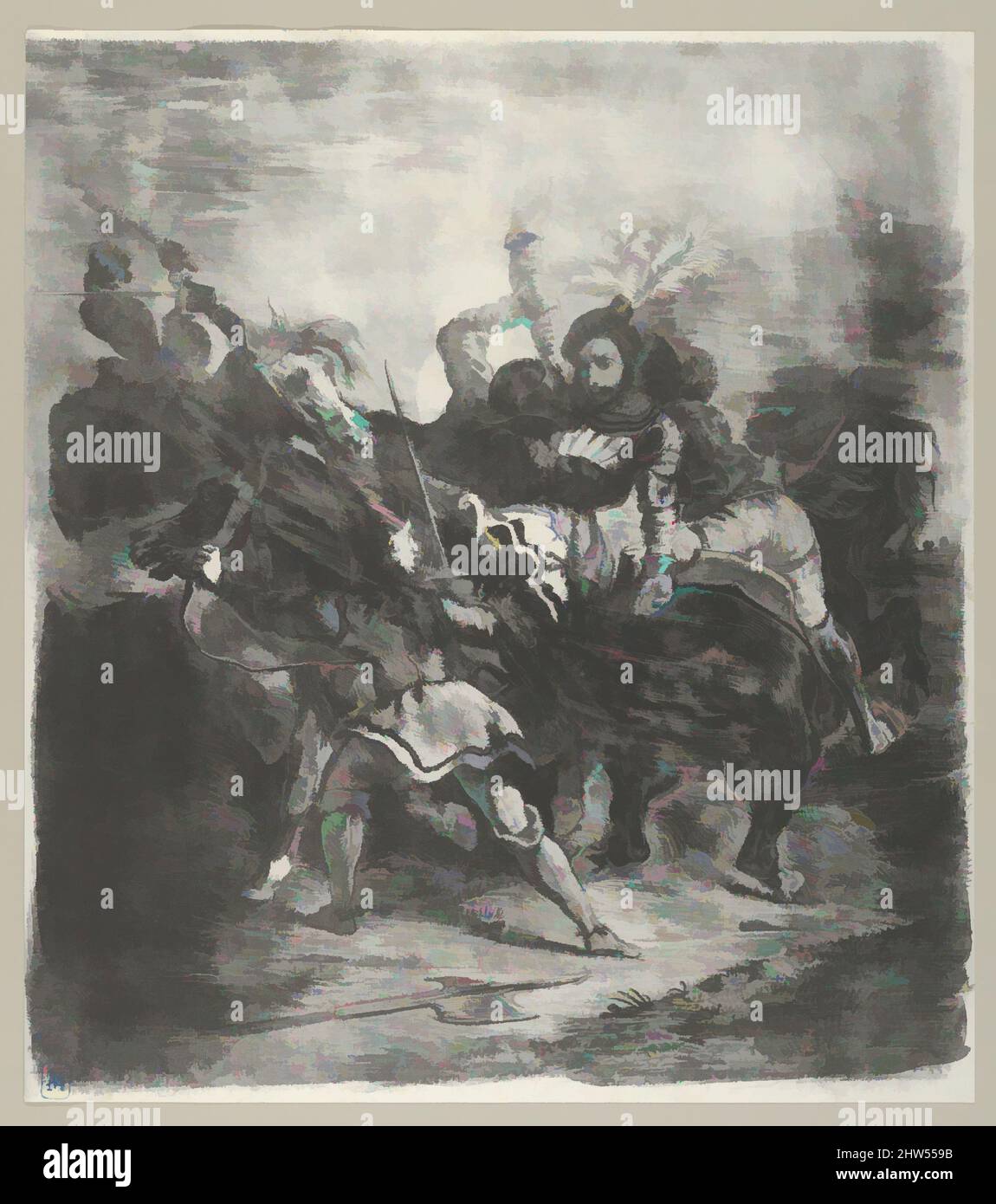 Art inspiré par Weislingen attaqué par Goetz's Men, 1836–43, Lithographie; deuxième état de deux, 12 1/4 x 10 11/16 po. (31,1 x 27,2 cm), tirages, Eugène Delacroix (français, Charenton-Saint-Maurice 1798–1863 Paris), le sujet de cet imprimé est basé sur une scène de la pièce de Goethe (publié, œuvres classiques modernisées par Artotop avec une touche de modernité. Formes, couleur et valeur, impact visuel accrocheur sur l'art émotions par la liberté d'œuvres d'art d'une manière contemporaine. Un message intemporel qui cherche une nouvelle direction créative. Artistes qui se tournent vers le support numérique et créent le NFT Artotop Banque D'Images