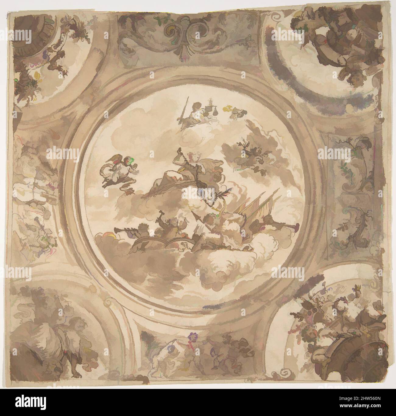 Art inspiré par le design de plafond avec une allégorie de la victoire, s.d., stylo et encre brune, pinceau et lavage brun avec traces d'aquarelle, 7 1/4 x 7 3/8 po. (18,4 x 18,7 cm), dessins, Daniel Marot l'aîné (français, Paris 1661–1752 la Haye, œuvres classiques modernisées par Artotop avec une touche de modernité. Formes, couleur et valeur, impact visuel accrocheur sur l'art émotions par la liberté d'œuvres d'art d'une manière contemporaine. Un message intemporel qui cherche une nouvelle direction créative. Artistes qui se tournent vers le support numérique et créent le NFT Artotop Banque D'Images