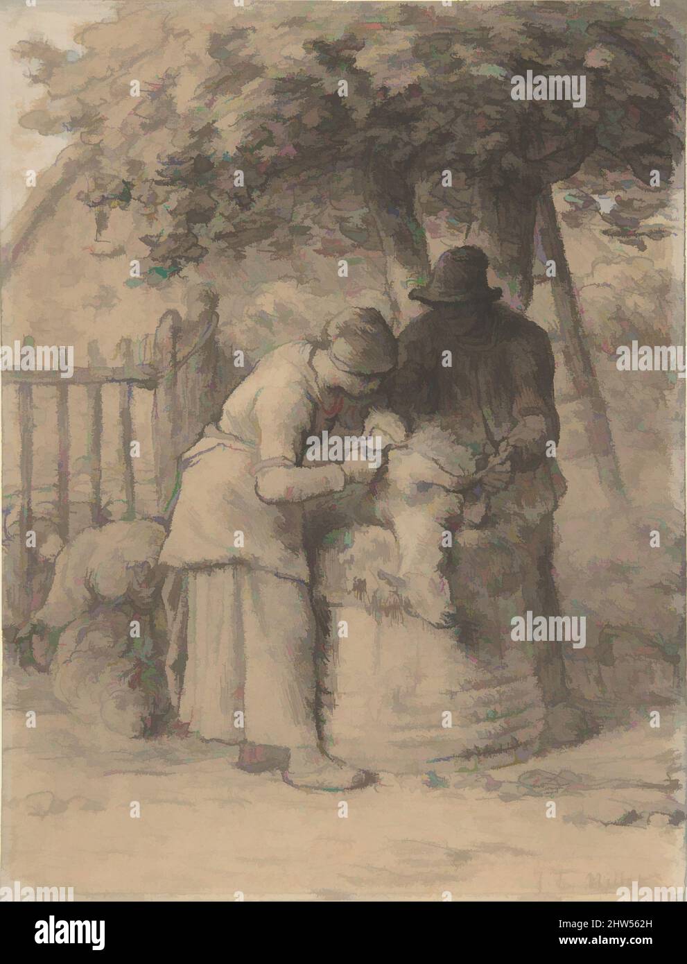 Art inspiré par Sheepsharing sous un arbre, ca. 1854, crayon conté avec faux-pas, rehaussé de stylo et d'encre brune et gouache blanc sur papier vélin, 11 5/8 x 8 7/8 po. (29,5 x 22,5 cm), dessins, Jean-François Millet (français, Gruchy 1814–1875 Barbizon), le sujet de la tonte des moutons, oeuvres classiques modernisées par Artotop avec une touche de modernité. Formes, couleur et valeur, impact visuel accrocheur sur l'art émotions par la liberté d'œuvres d'art d'une manière contemporaine. Un message intemporel qui cherche une nouvelle direction créative. Artistes qui se tournent vers le support numérique et créent le NFT Artotop Banque D'Images