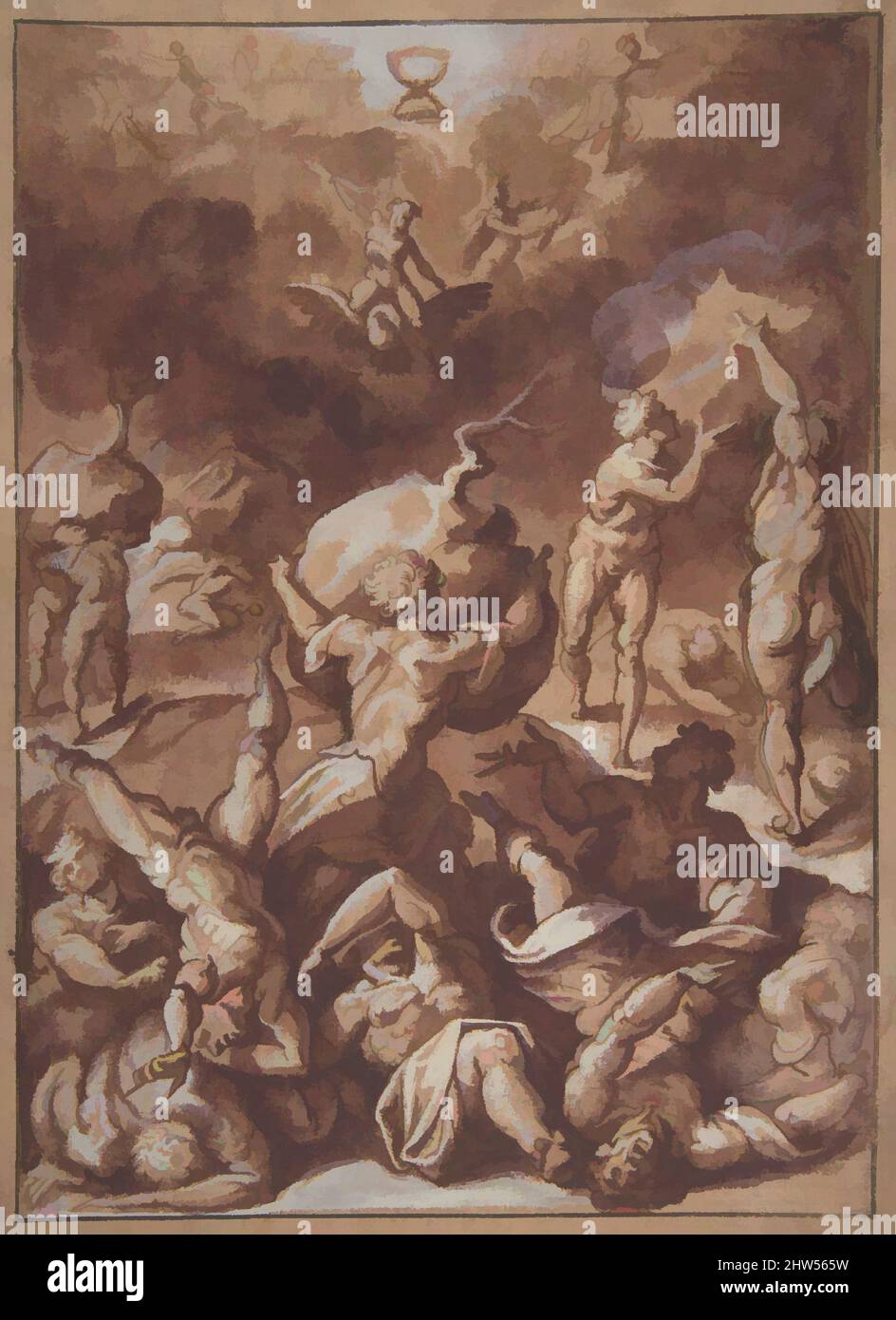 Art inspiré par Jupiter Fighting the Giants., 1540–96, stylo et encre brune, pinceau de savon brun et mauve, surligné de gouache blanc, sur des traces de craie noire, sur papier clair posé Havane, total: 11 1/4 x 8 5/16 po. (28,6 x 21,1 cm), dessins, Jacopo Zucchi (italien, Florence CA, oeuvres classiques modernisées par Artotop avec une touche de modernité. Formes, couleur et valeur, impact visuel accrocheur sur l'art émotions par la liberté d'œuvres d'art d'une manière contemporaine. Un message intemporel qui cherche une nouvelle direction créative. Artistes qui se tournent vers le support numérique et créent le NFT Artotop Banque D'Images