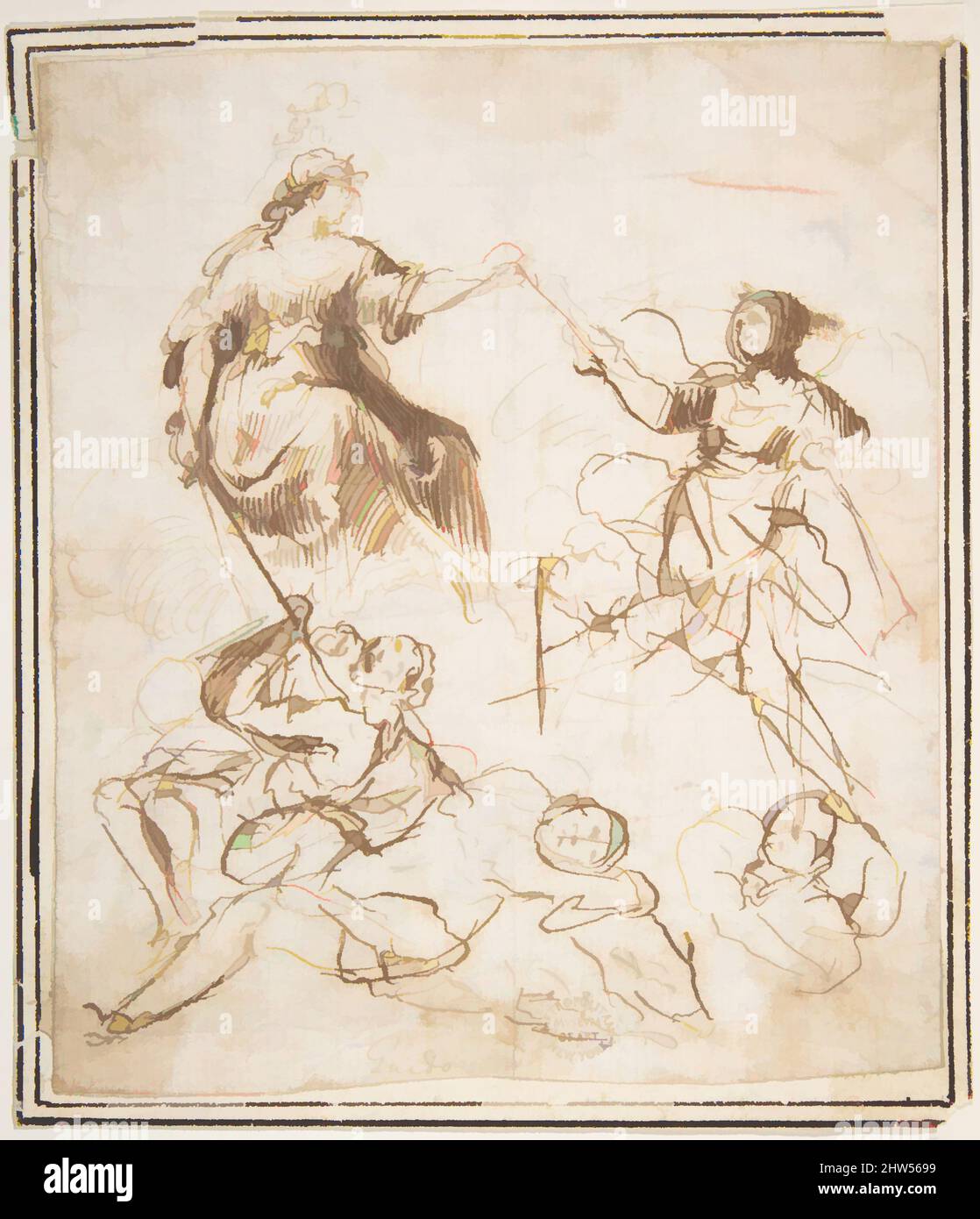 Art inspiré par Groupe de cinq figures allégoriques, 1624–63, encre de plume et brune. Lignes de cadrage à l'encre du stylet et marron, 6 x 5-1/4 po. (15,3 x 13,3 cm), dessins, attribué à Francesco Allegrini (Italien, Cantiano (?) 1615/20–après 1679 Gubbio, oeuvres classiques modernisées par Artotop avec une touche de modernité. Formes, couleur et valeur, impact visuel accrocheur sur l'art émotions par la liberté d'œuvres d'art d'une manière contemporaine. Un message intemporel qui cherche une nouvelle direction créative. Artistes qui se tournent vers le support numérique et créent le NFT Artotop Banque D'Images