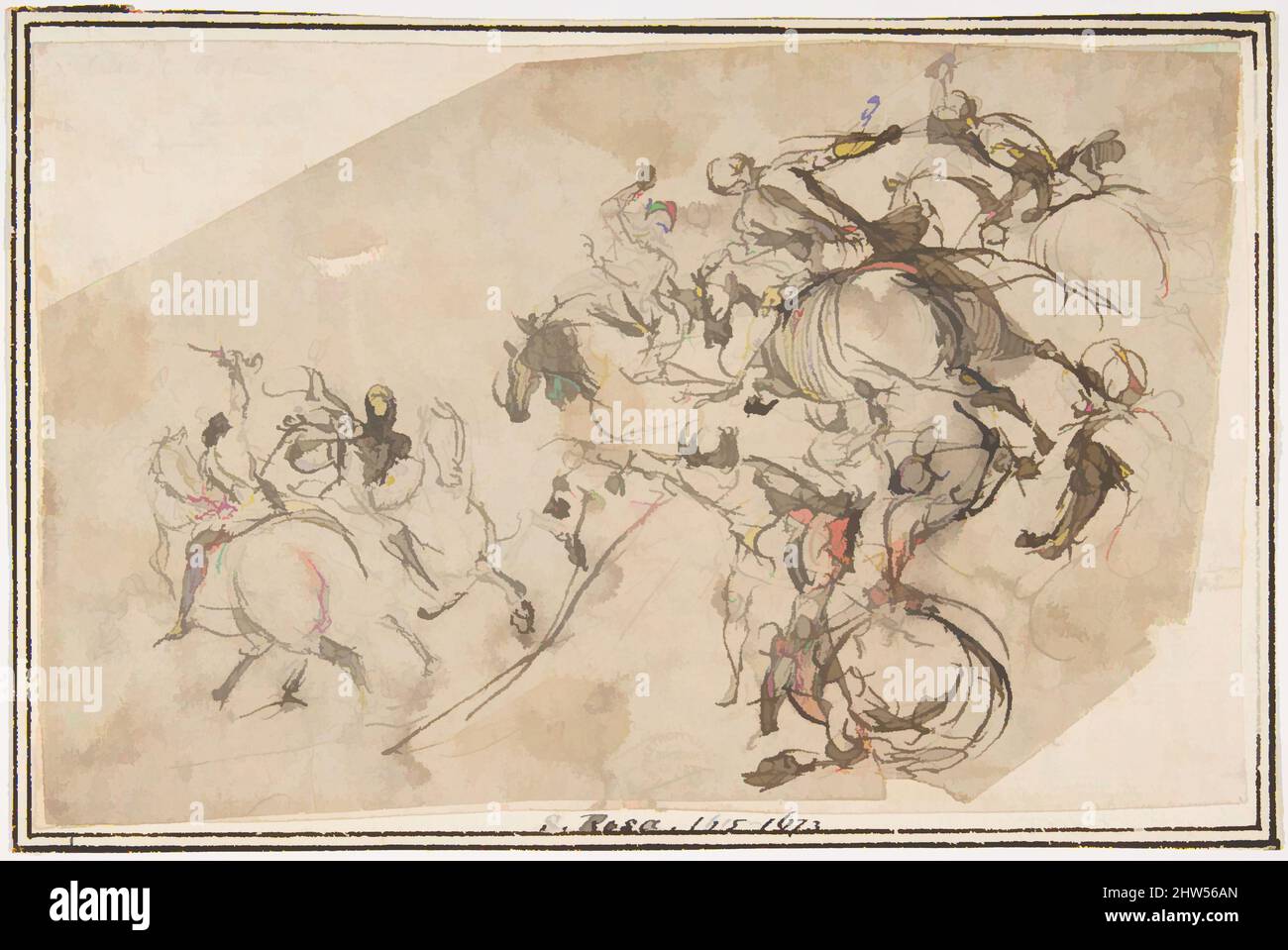 Art inspiré par Cavalry charge, 1624–63, encre stylo et brune, brosse et lavage brun, 4-3/4 x 7-1/4 po. (12,1 x 18,4 cm), dessins, attribué à Francesco Allegrini (Italien, Cantiano (?) 1615/20–après 1679 Gubbio, oeuvres classiques modernisées par Artotop avec une touche de modernité. Formes, couleur et valeur, impact visuel accrocheur sur l'art émotions par la liberté d'œuvres d'art d'une manière contemporaine. Un message intemporel qui cherche une nouvelle direction créative. Artistes qui se tournent vers le support numérique et créent le NFT Artotop Banque D'Images