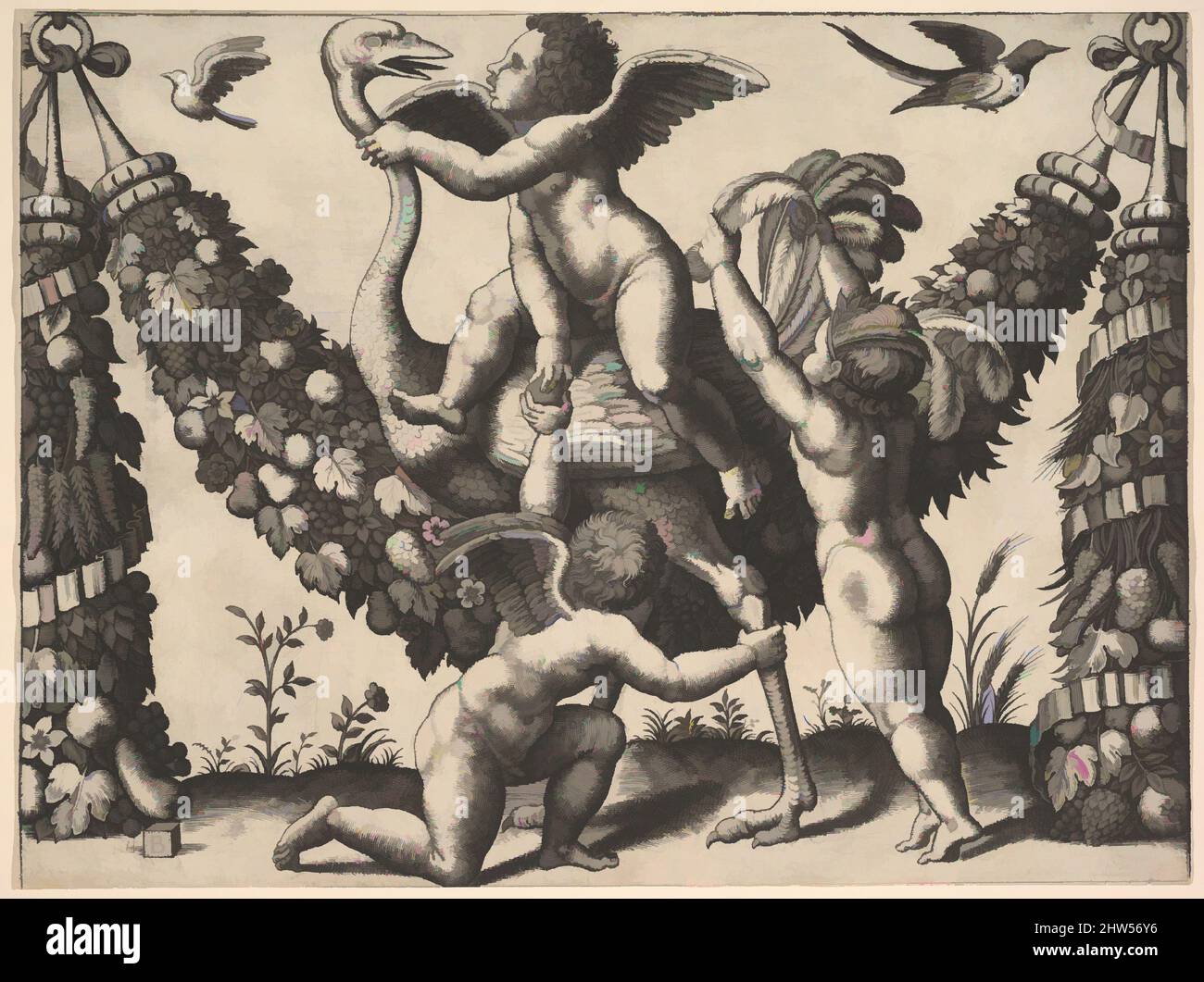Art inspiré par trois putti avant une grande guirlande, l'un au milieu conduit un autruche, à partir d'une série de tapisseries faites pour Leo X, ca. 1530–40, gravure; premier état de deux, feuille : 8 1/4 x 11 po. (21 x 28 cm), tirages, Maître de la matrice (italien, active Rome, env. 1530–60), ?After, oeuvres classiques modernisées par Artotop avec un peu de modernité. Formes, couleur et valeur, impact visuel accrocheur sur l'art émotions par la liberté d'œuvres d'art d'une manière contemporaine. Un message intemporel qui cherche une nouvelle direction créative. Artistes qui se tournent vers le support numérique et créent le NFT Artotop Banque D'Images