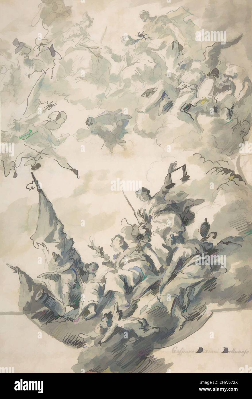 Art inspiré par le design pour un plafond : Venise réception de la maison, 1755–60, stylo et encre noire, brosse et gris-vert et bleu-gris lavage, sur craie noire, 11 7/8 x 8 1/16in. (30,2 x 20,5cm), dessins, Gaspésie Diziani (italien, Belluno 1689–1767 Venise), cette composition dynamique, Dessiné dans, les œuvres classiques modernisées par Artotop avec une touche de modernité. Formes, couleur et valeur, impact visuel accrocheur sur l'art émotions par la liberté d'œuvres d'art d'une manière contemporaine. Un message intemporel qui cherche une nouvelle direction créative. Artistes qui se tournent vers le support numérique et créent le NFT Artotop Banque D'Images