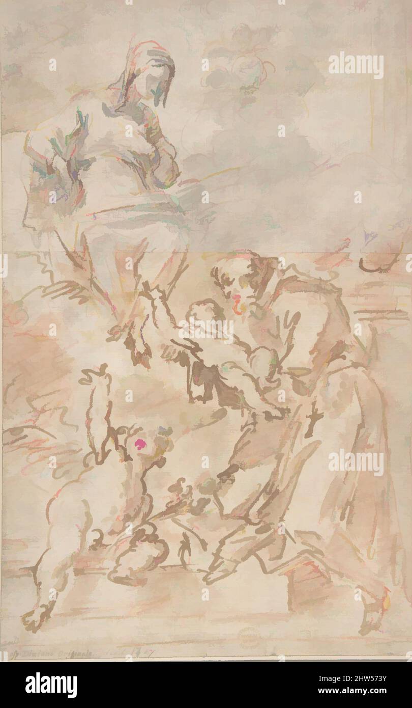 Art inspiré par la Vierge confier le Christ enfant à Saint François d'Assise, 1689–1767, deux feuilles de papier jointes horizontalement au-dessus du centre: Stylo et encre brune, pinceau et lavage gris, sur craie rouge et plomb ou graphite (feuille du bas); Brosse et lavage gris, sur la craie rouge (feuille supérieure, œuvres classiques modernisées par Artotop avec une touche de modernité. Formes, couleur et valeur, impact visuel accrocheur sur l'art émotions par la liberté d'œuvres d'art d'une manière contemporaine. Un message intemporel qui cherche une nouvelle direction créative. Artistes qui se tournent vers le support numérique et créent le NFT Artotop Banque D'Images