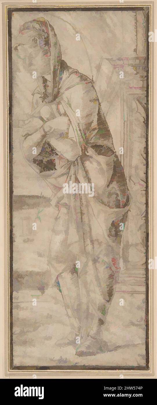 Art inspiré de la Vierge Annunciate, 1470–80, encre de plume et brune, brosse et lavage brun, sur parchemin, 8 3/16 x 3 1/8in. (20,8 x 7,9cm), dessins, Anonyme, Italien, Ferrarese, 15th siècle, face à droite avec ses yeux fermés, prêt à embrasser le message de l'Annonciation, le, les oeuvres classiques modernisées par Artotop avec un peu de modernité. Formes, couleur et valeur, impact visuel accrocheur sur l'art émotions par la liberté d'œuvres d'art d'une manière contemporaine. Un message intemporel qui cherche une nouvelle direction créative. Artistes qui se tournent vers le support numérique et créent le NFT Artotop Banque D'Images