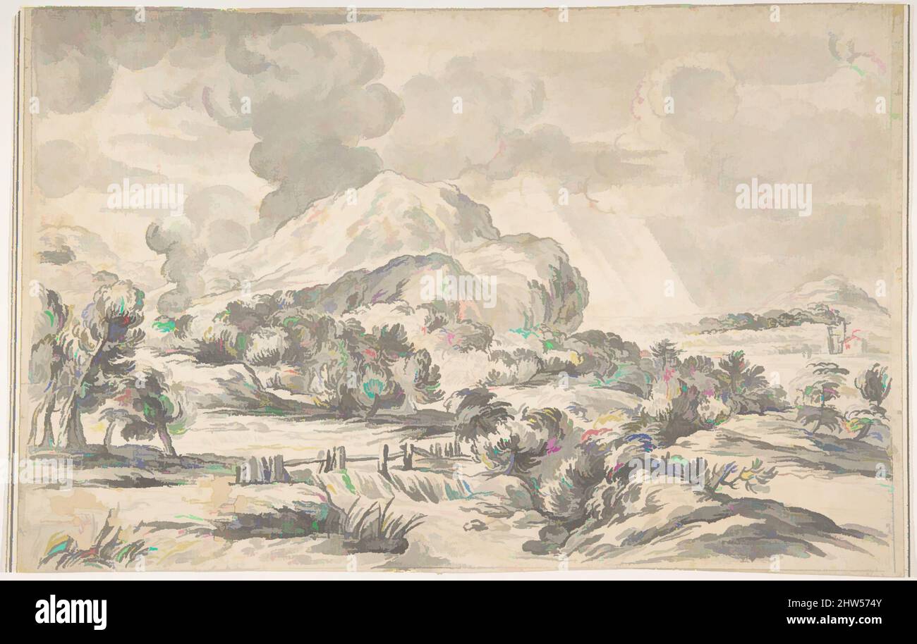 Art inspiré par Landscape with Mountains in the distance, 1634–89, pinceau et lavage gris, sur des traces de craie noire, 8 7/8 x 13 13/16in. (22,6 x 35,1cm), dessins, Ciro Ferri (Italien, Rome 1634?–1689 Rome, oeuvres classiques modernisées par Artotop avec une touche de modernité. Formes, couleur et valeur, impact visuel accrocheur sur l'art émotions par la liberté d'œuvres d'art d'une manière contemporaine. Un message intemporel qui cherche une nouvelle direction créative. Artistes qui se tournent vers le support numérique et créent le NFT Artotop Banque D'Images