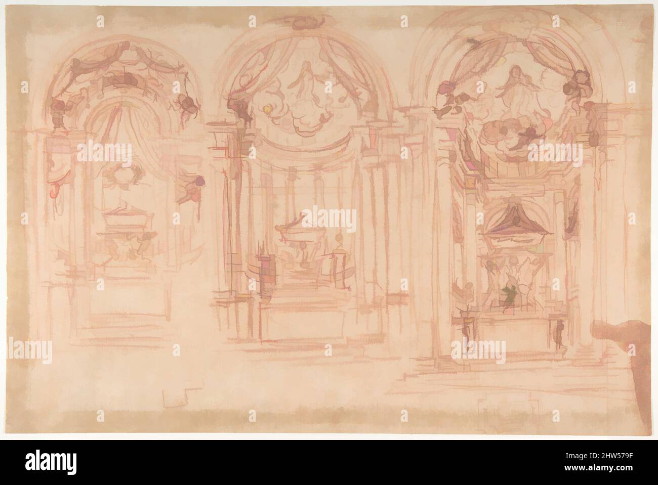 Art inspiré par le design d'une catafalgue utilisée à l'occasion de la canonisation de Sainte Marie-Madeleine de' Pazzi, Florence, 1669., 1611–89, craie rouge, 10 1/2 x 15 13/16in. (26,7 x 40,2cm), dessins, Baldassarre Franceschini (il Volterrano) (Italien, Volterra 1611–1690 Florence, oeuvres classiques modernisées par Artotop avec une touche de modernité. Formes, couleur et valeur, impact visuel accrocheur sur l'art émotions par la liberté d'œuvres d'art d'une manière contemporaine. Un message intemporel qui cherche une nouvelle direction créative. Artistes qui se tournent vers le support numérique et créent le NFT Artotop Banque D'Images