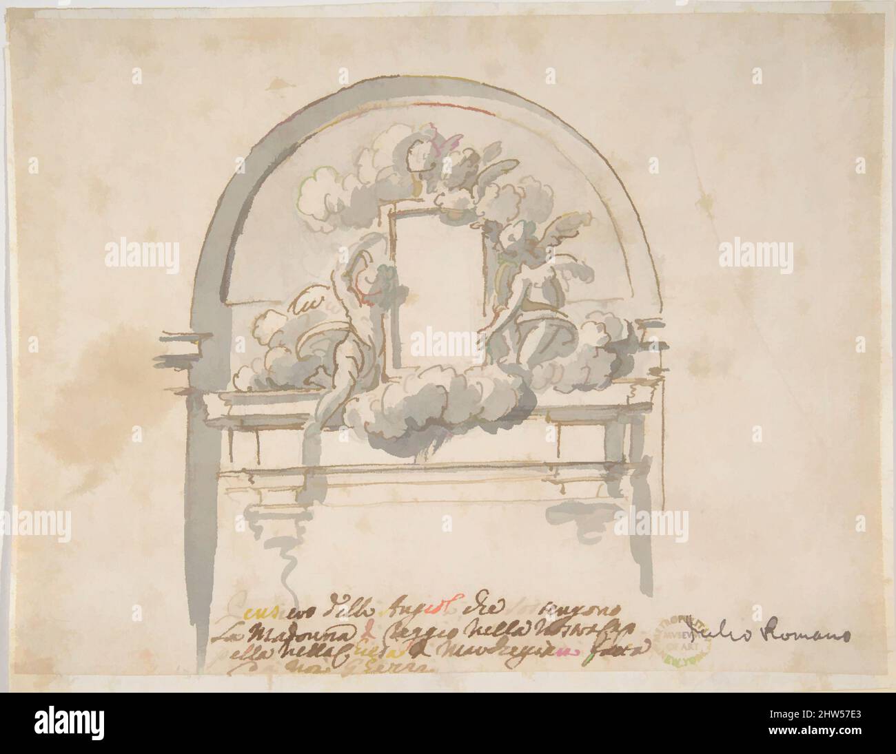 Art inspiré par les Anges soutenant un cadre, 1674–1755, stylo et encre brune, pinceau et lavage gris, sur des traces de graphite ou de plomb, 4 15/16 x 6 9/16in. (12,6 x 16,7cm), dessins, Pier Leone Ghezzi (Italien, Comunanza près d'Ascoli Piceno 1674–1755 Rome, oeuvres classiques modernisées par Artotop avec une touche de modernité. Formes, couleur et valeur, impact visuel accrocheur sur l'art émotions par la liberté d'œuvres d'art d'une manière contemporaine. Un message intemporel qui cherche une nouvelle direction créative. Artistes qui se tournent vers le support numérique et créent le NFT Artotop Banque D'Images