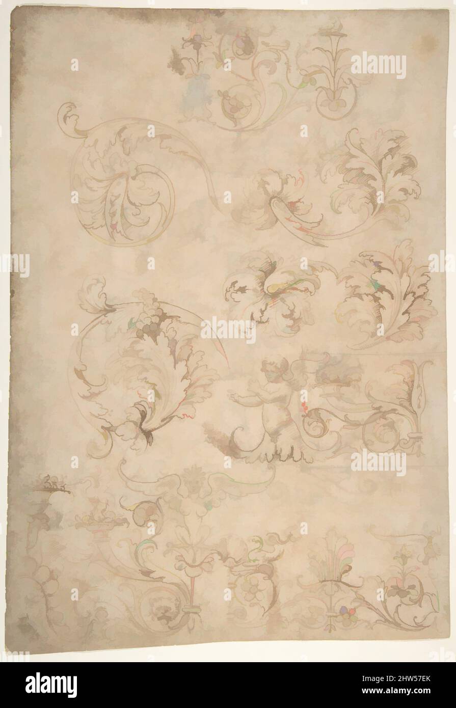 Art inspiré par Sketchbook Sheet of ornamental Studies, (recto et verso), 1487–1564, stylo et encre brune, 12-5/8 x 8-7/8 po. (32,0 x 22,5 cm), dessins, attribué à Giovanni da Udine (Giovanni dei Ricamatori) (Italien, Udine 1487–1564 Rome, oeuvres classiques modernisées par Artotop avec une touche de modernité. Formes, couleur et valeur, impact visuel accrocheur sur l'art émotions par la liberté d'œuvres d'art d'une manière contemporaine. Un message intemporel qui cherche une nouvelle direction créative. Artistes qui se tournent vers le support numérique et créent le NFT Artotop Banque D'Images