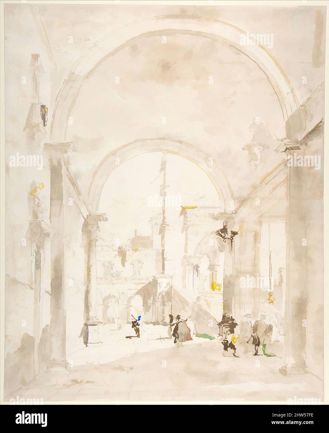 Art inspiré par architectural Capriccio: Grand escalier vu à travers une Arche, 1712–93, encre de plume et brune, brosse et lavage brun, sur craie noire, 13 11/16 x 11in. (34,8 x 27,9cm), dessins, Francesco Guardi (Italien, Venise 1712–1793 Venise, oeuvres classiques modernisées par Artotop avec une touche de modernité. Formes, couleur et valeur, impact visuel accrocheur sur l'art émotions par la liberté d'œuvres d'art d'une manière contemporaine. Un message intemporel qui cherche une nouvelle direction créative. Artistes qui se tournent vers le support numérique et créent le NFT Artotop Banque D'Images