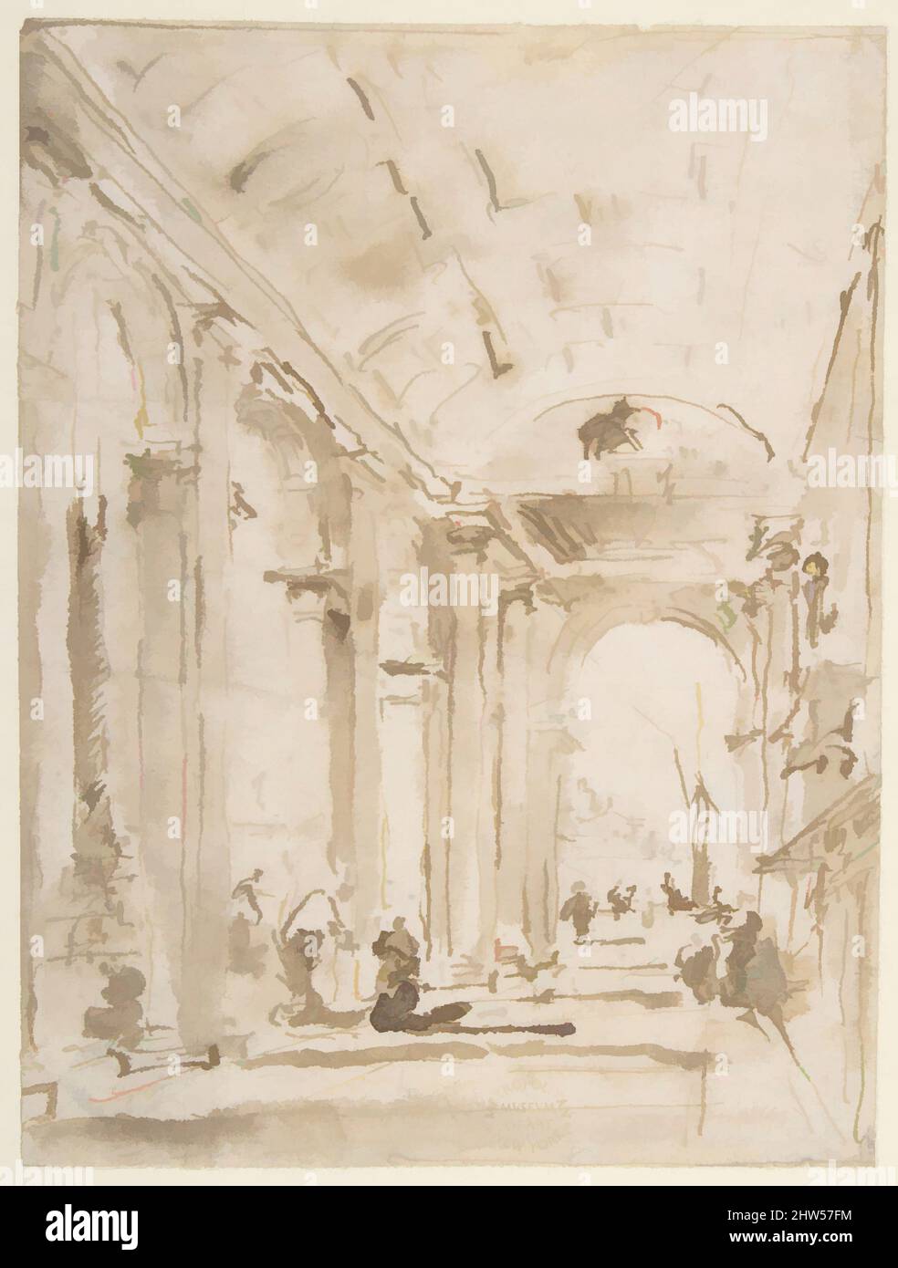 Art inspiré par l'Arcade of the Libraria, en regardant vers San Giorgio Maggiore, 1712–93, stylo et encre brune, brosse et lavage brun, 5 13/16 x 4 3/8in. (14,8 x 11,1cm), dessins, Francesco Guardi (Italien, Venise 1712–1793 Venise, oeuvres classiques modernisées par Artotop avec une touche de modernité. Formes, couleur et valeur, impact visuel accrocheur sur l'art émotions par la liberté d'œuvres d'art d'une manière contemporaine. Un message intemporel qui cherche une nouvelle direction créative. Artistes qui se tournent vers le support numérique et créent le NFT Artotop Banque D'Images