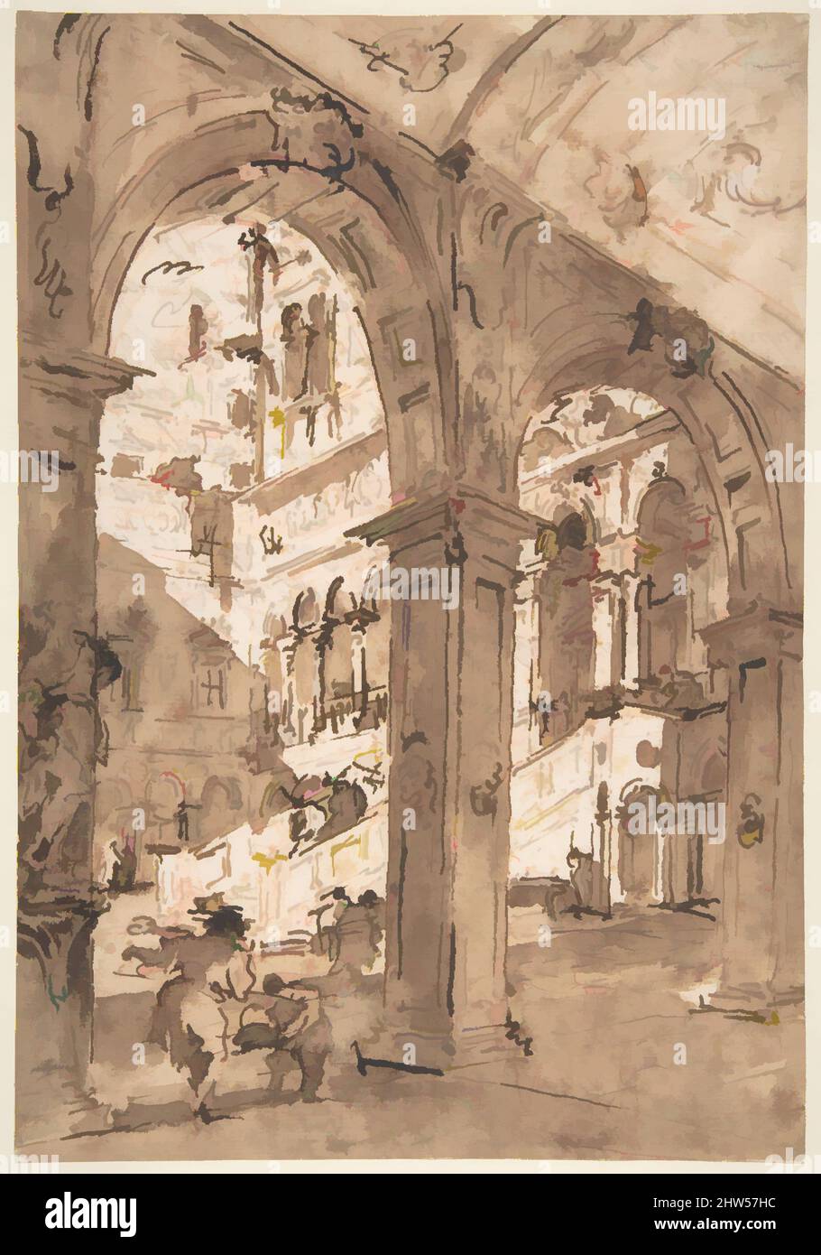 Art inspiré par architectural Capriccio : cour d'un palais, 1712–93, encre de plume et brune, brosse et lavage brun, sur craie rouge, 10 11/16 x 7 3/8in. (27,1 x 18,8cm), dessins, Francesco Guardi (Italien, Venise 1712–1793 Venise, oeuvres classiques modernisées par Artotop avec une touche de modernité. Formes, couleur et valeur, impact visuel accrocheur sur l'art émotions par la liberté d'œuvres d'art d'une manière contemporaine. Un message intemporel qui cherche une nouvelle direction créative. Artistes qui se tournent vers le support numérique et créent le NFT Artotop Banque D'Images