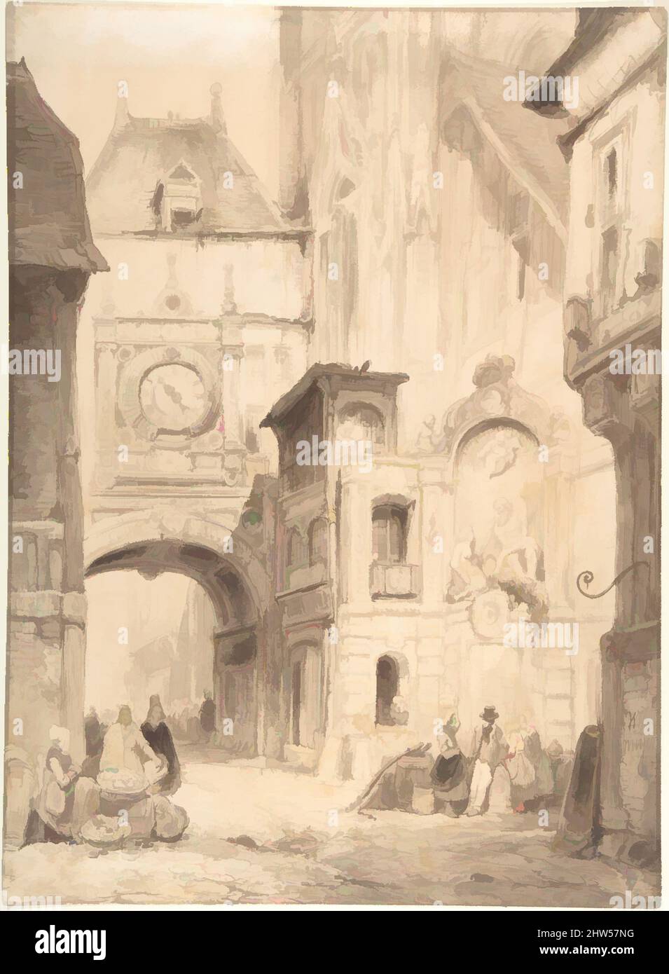 Art inspiré par la rue du gros Horloge, Rouen, début du 19th siècle, crayon, lavage brun, couleur du corps blanc, sur craie noire, 16-13/16 x 12-1/4 po. (42,7 x 31,1 cm), dessins, Wijnand Jan Joseph Nuijen (néerlandais, 1813–1839, œuvres classiques modernisées par Artotop avec une touche de modernité. Formes, couleur et valeur, impact visuel accrocheur sur l'art émotions par la liberté d'œuvres d'art d'une manière contemporaine. Un message intemporel qui cherche une nouvelle direction créative. Artistes qui se tournent vers le support numérique et créent le NFT Artotop Banque D'Images