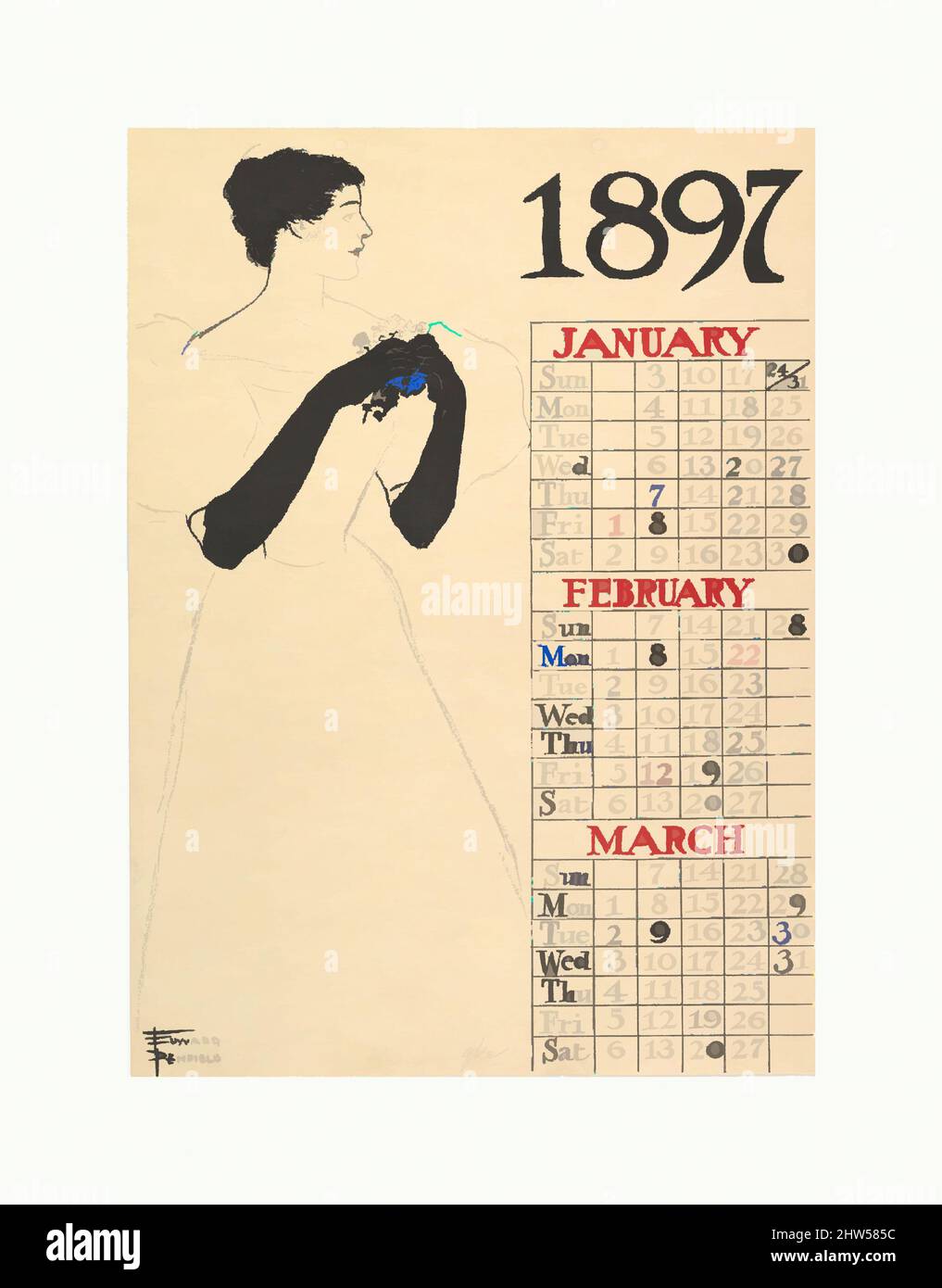 Art inspiré par janvier, février, mars, 1897, 1896, Procédé de relief commercial et lithographie, feuille : 14 po. × 10 3/16 po (35,5 × 25,8 cm), Edward Penfield (américain, Brooklyn, New York 1866–1925 Beacon, New York, œuvres classiques modernisées par Artotop avec une touche de modernité. Formes, couleur et valeur, impact visuel accrocheur sur l'art émotions par la liberté d'œuvres d'art d'une manière contemporaine. Un message intemporel qui cherche une nouvelle direction créative. Artistes qui se tournent vers le support numérique et créent le NFT Artotop Banque D'Images