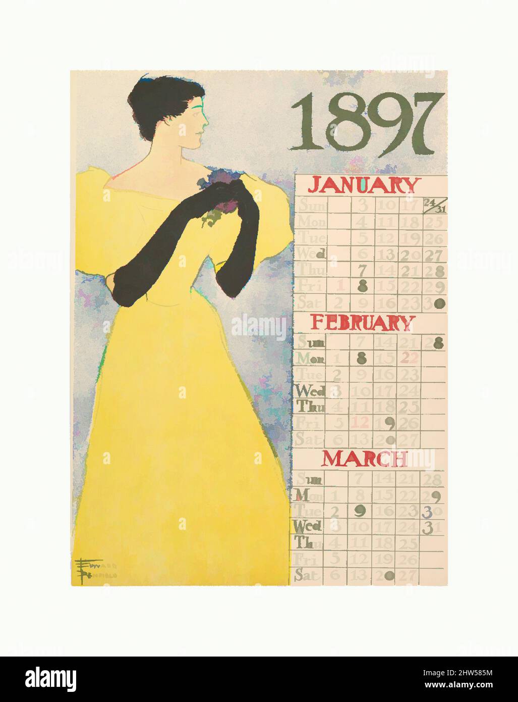 Art inspiré par janvier, février, 1897 mars, 1896, Lithographie et traitement de secours commercial, feuille : 14 × 11 po. (35,6 × 27,9 cm), Edward Penfield (américain, Brooklyn, New York 1866–1925 Beacon, New York, œuvres classiques modernisées par Artotop avec une touche de modernité. Formes, couleur et valeur, impact visuel accrocheur sur l'art émotions par la liberté d'œuvres d'art d'une manière contemporaine. Un message intemporel qui cherche une nouvelle direction créative. Artistes qui se tournent vers le support numérique et créent le NFT Artotop Banque D'Images