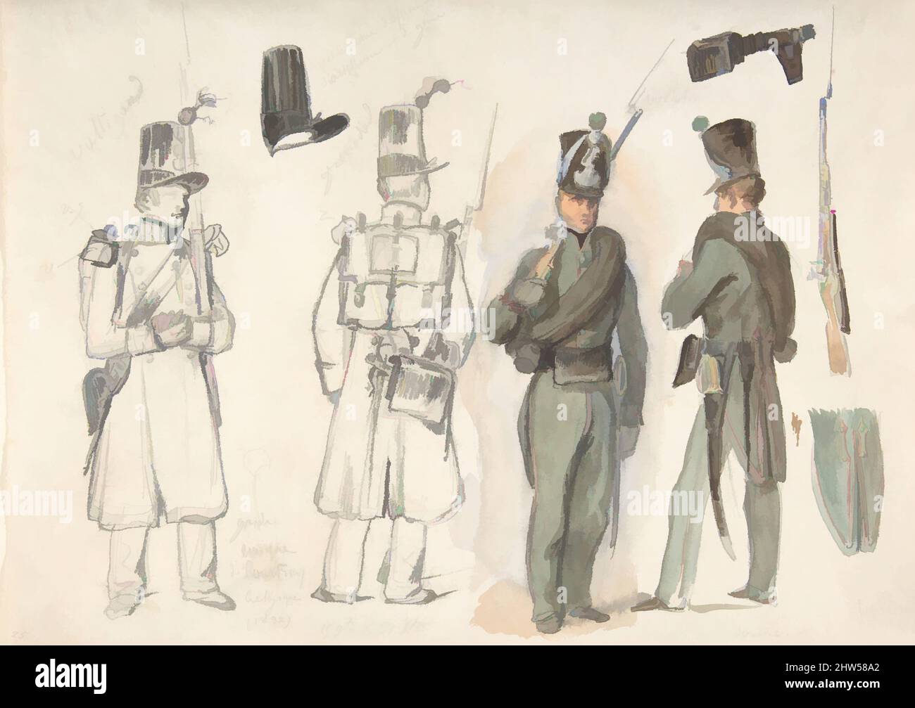 Art inspiré des uniformes de la garde civile à Courtray, Belgique, 1832, craie noire et aquarelle, 11 1/4 x 8 5/16 po, dessins, Auguste Raffet (français, Paris 1804–1860 Gênes, oeuvres classiques modernisées par Artotop avec une touche de modernité. Formes, couleur et valeur, impact visuel accrocheur sur l'art émotions par la liberté d'œuvres d'art d'une manière contemporaine. Un message intemporel qui cherche une nouvelle direction créative. Artistes qui se tournent vers le support numérique et créent le NFT Artotop Banque D'Images