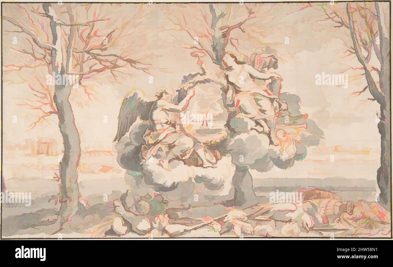 Art inspiré par Allegory of Winter, d'après Sébastien le Clerc, 18th  siècle, lavage gris, sur craie rouge; carré en graphite. Lignes de cadrage  au stylo et à l'encre brune, 4 1/2 x