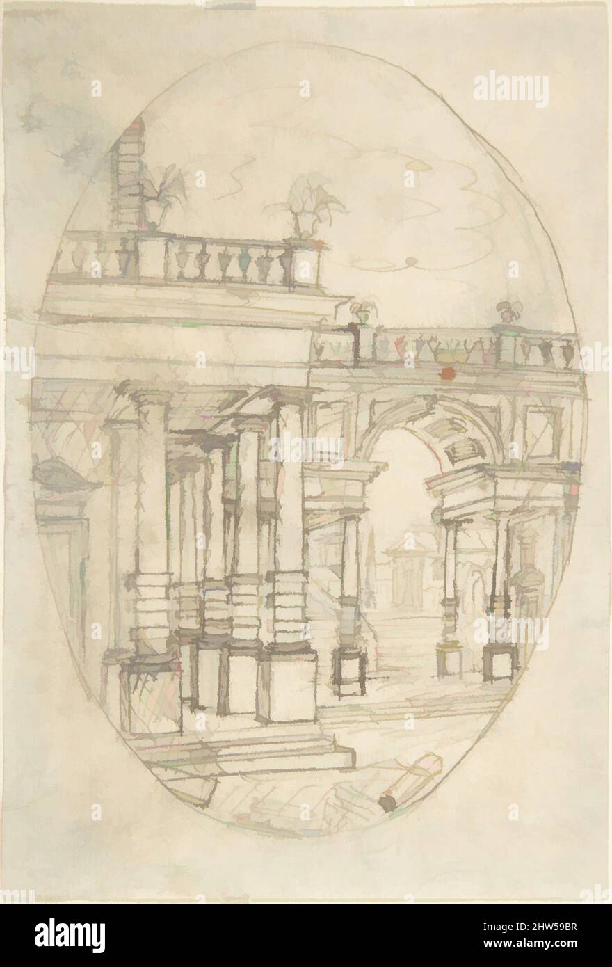 Art inspiré par le dessin architectural (recto); croquis d'une figure (verso), 18th Century, encre stylo et brune, sur le plomb ou graphite sur papier crème (recto); lignes de cadrage ovales à l'encre stylo et brune; craie noire (verso), 6-5/16 x 4-5/16 po. (16 x 11 cm), dessins, anonymes, italiens, classiques œuvres modernisées par Artotop avec une touche de modernité. Formes, couleur et valeur, impact visuel accrocheur sur l'art émotions par la liberté d'œuvres d'art d'une manière contemporaine. Un message intemporel qui cherche une nouvelle direction créative. Artistes qui se tournent vers le support numérique et créent le NFT Artotop Banque D'Images