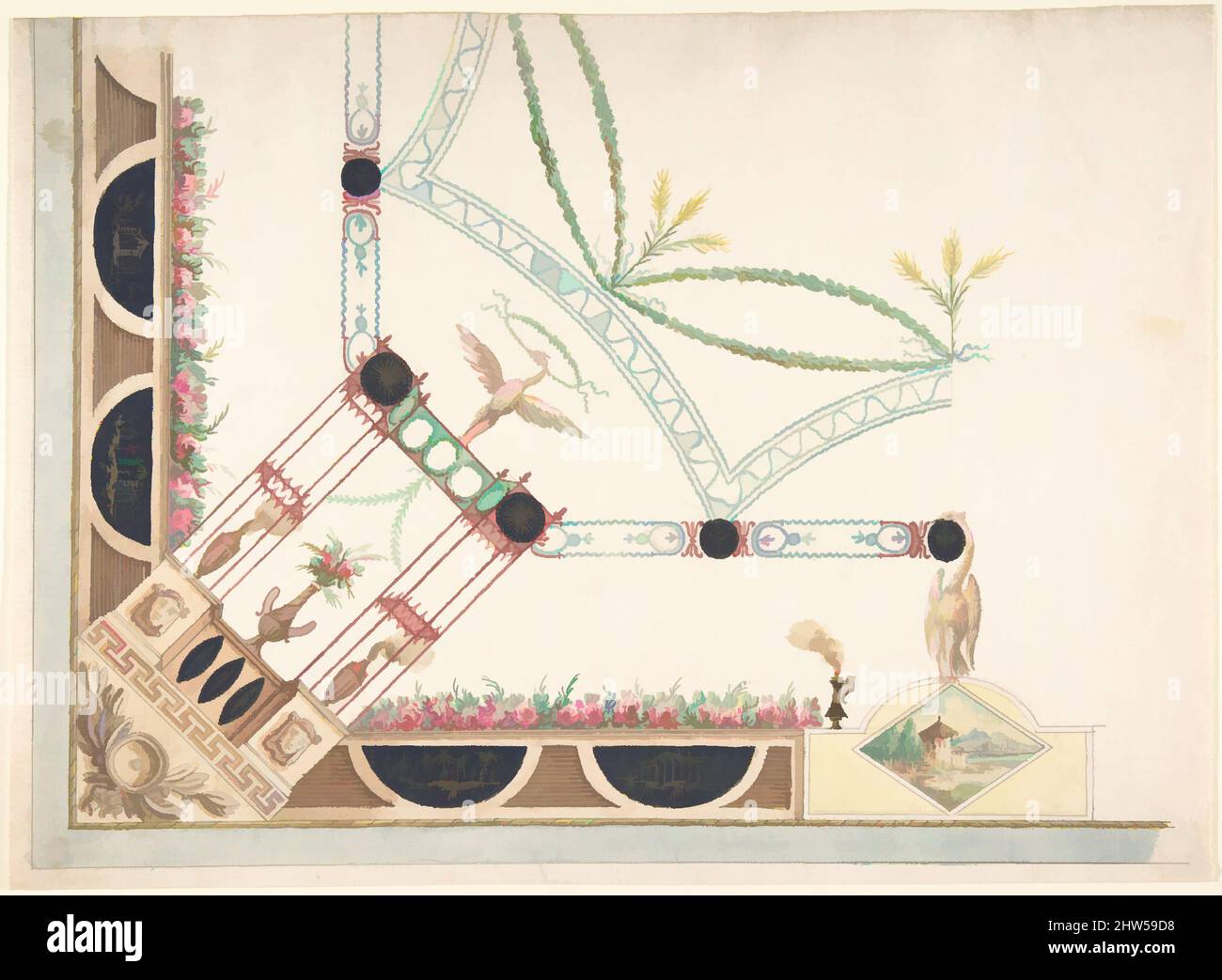 Art inspiré par le design pour un plafond, 18th siècle, pinceau et jaune, rouge, bleu, aquarelle verte et marron, gouache bleu foncé, sur graphite ou plomb, sur papier crème, 10-3/16 x 13-15/16 po. (25,8 x 35,4 cm), dessins, anonymes, italiens, première moitié du 18th siècle, oeuvres classiques modernisées par Artotop avec une touche de modernité. Formes, couleur et valeur, impact visuel accrocheur sur l'art émotions par la liberté d'œuvres d'art d'une manière contemporaine. Un message intemporel qui cherche une nouvelle direction créative. Artistes qui se tournent vers le support numérique et créent le NFT Artotop Banque D'Images