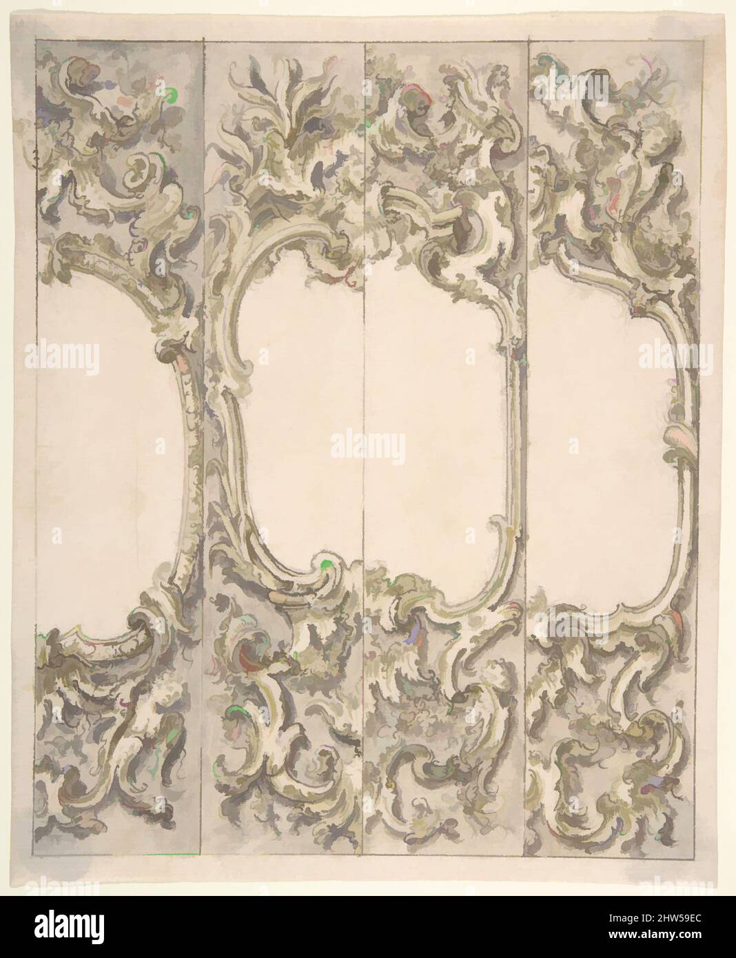 Art inspiré par Designs pour la moitié d'un Cartouche dans le style Rococo, 1700–1780, encre stylo et marron, pinceau avec lavage vert et gris, sur le point de plomb ou graphite. Cadrage des contours à l'encre du stylo et du brun, feuille : 7 5/16 x 8 15/16 po. (18,6 x 22,7 cm), dessins, anonymes, italiens, classiques œuvres modernisées par Artotop avec une touche de modernité. Formes, couleur et valeur, impact visuel accrocheur sur l'art émotions par la liberté d'œuvres d'art d'une manière contemporaine. Un message intemporel qui cherche une nouvelle direction créative. Artistes qui se tournent vers le support numérique et créent le NFT Artotop Banque D'Images