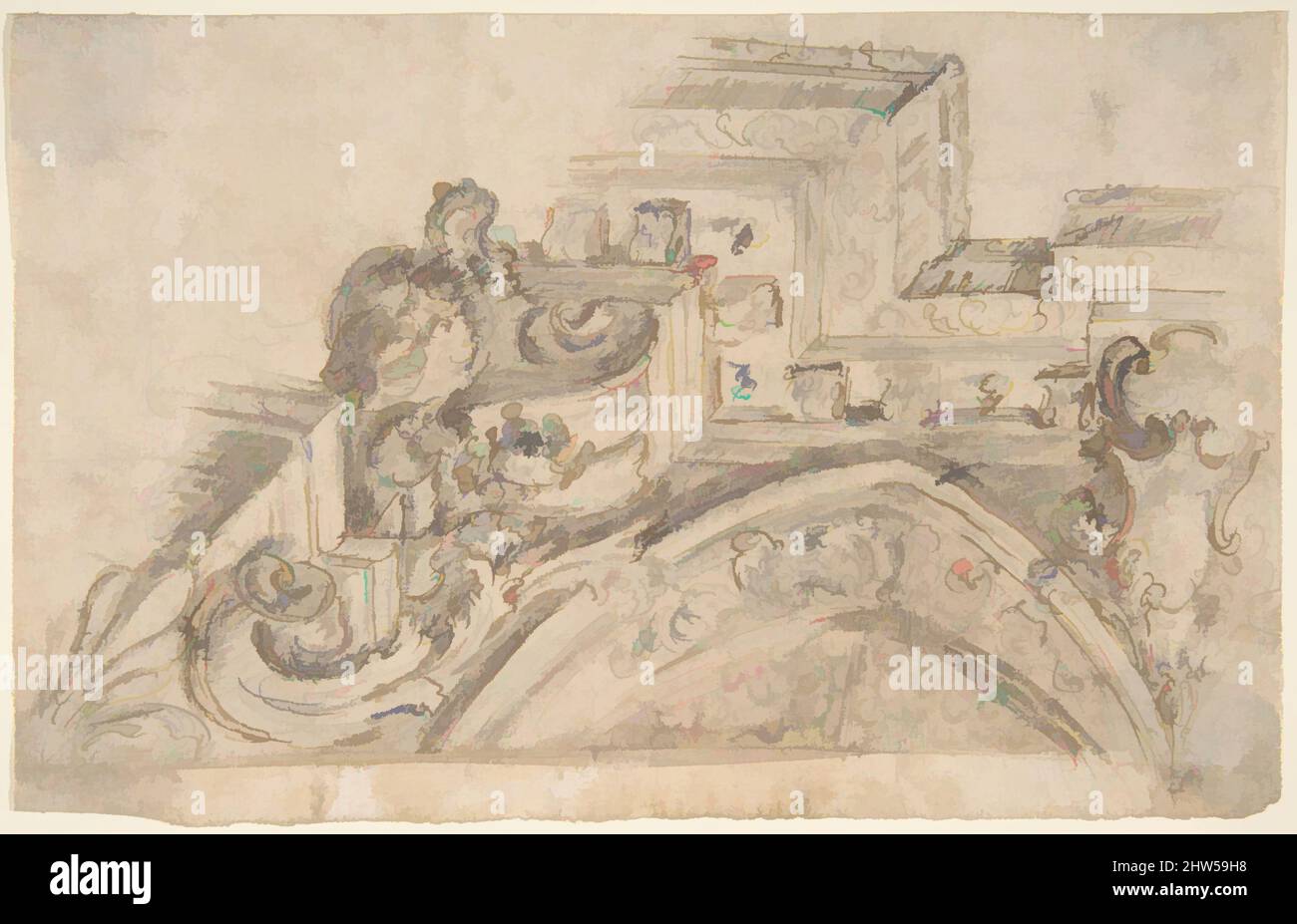 Art inspiré par Design for the Corner of a Painted Ceiling vu in perspective, 1700–1780, encre stylo et brune, pinceau et lavage brun, sur le point d'plomb ou graphite, feuille: 6 x 9 5/16 po. (15,2 x 23,6 cm), dessins, anonymes, italiens, piémontais, 18th siècle, les œuvres classiques modernisées par Artotop avec une touche de modernité. Formes, couleur et valeur, impact visuel accrocheur sur l'art émotions par la liberté d'œuvres d'art d'une manière contemporaine. Un message intemporel qui cherche une nouvelle direction créative. Artistes qui se tournent vers le support numérique et créent le NFT Artotop Banque D'Images